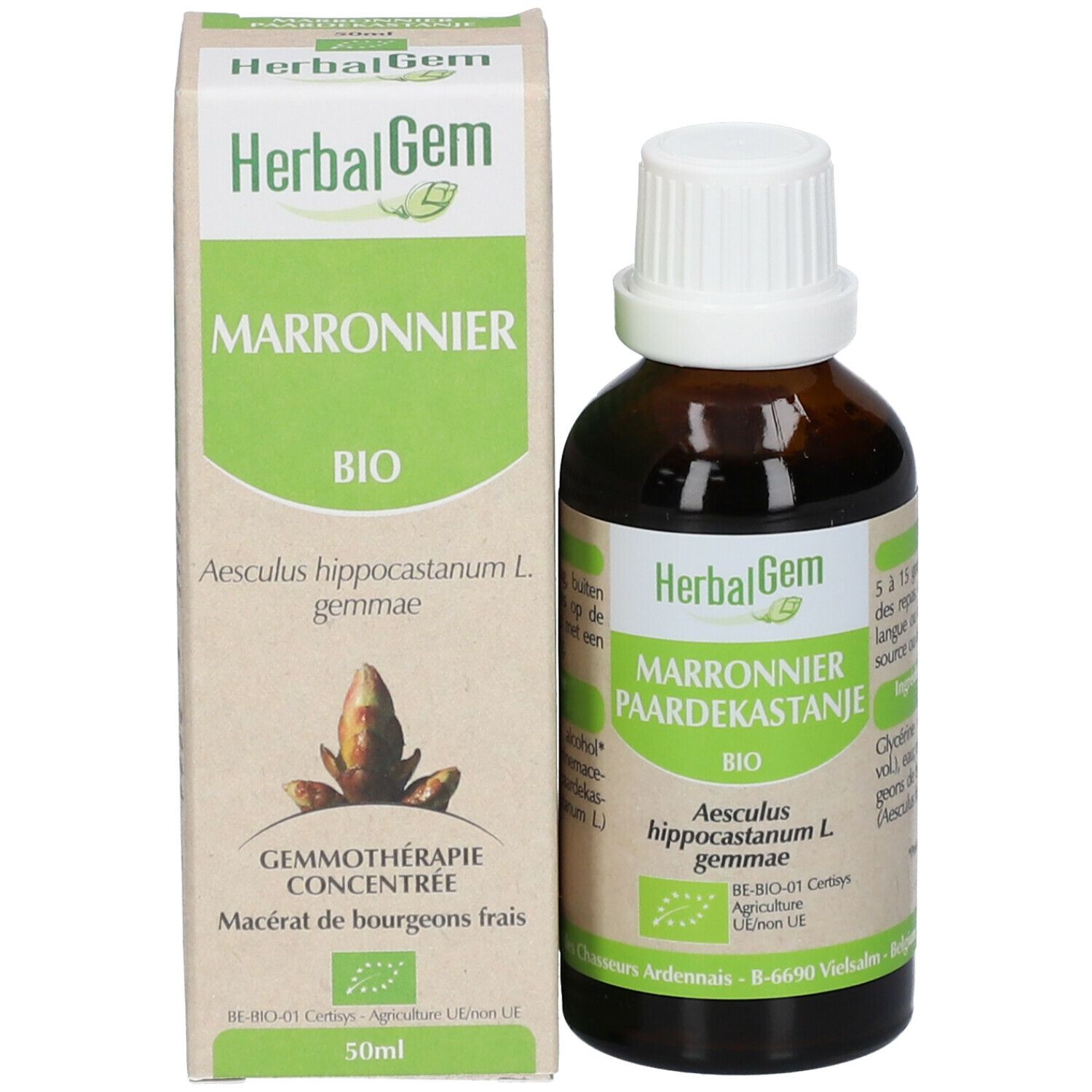 Emballage et flacon. HerbalGem. Marronnier BIO. 50ml. Gemmothérapie concentrée. Marronnier Paardekastanje.