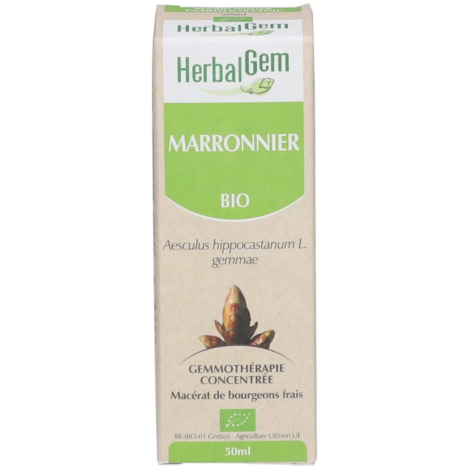 Emballage du produit. HerbalGem. Marronnier BIO. 50ml. Gemmothérapie concentrée. Marronnier Paardekastanje.