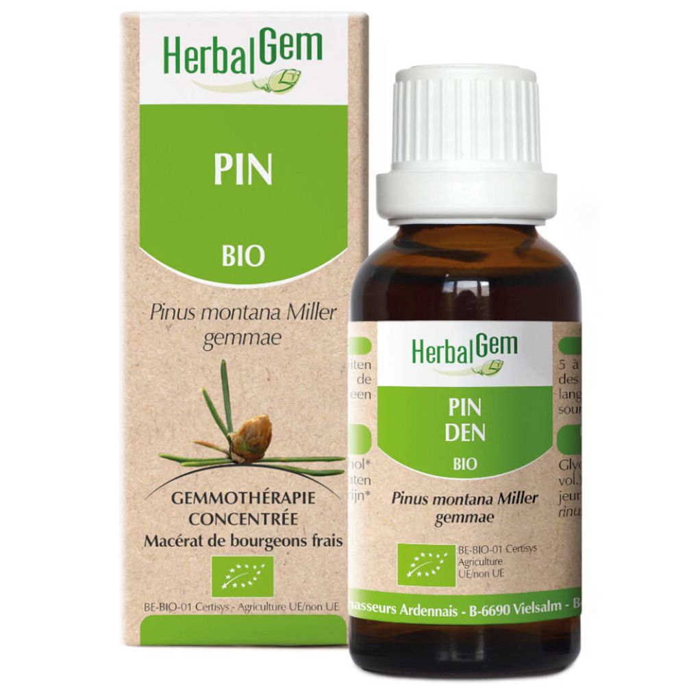 Flacon et boîte en verre brun. Inscription: HerbalGem, PIN BIO. Contient Pinus montana Miller gemmae. Certification bio.