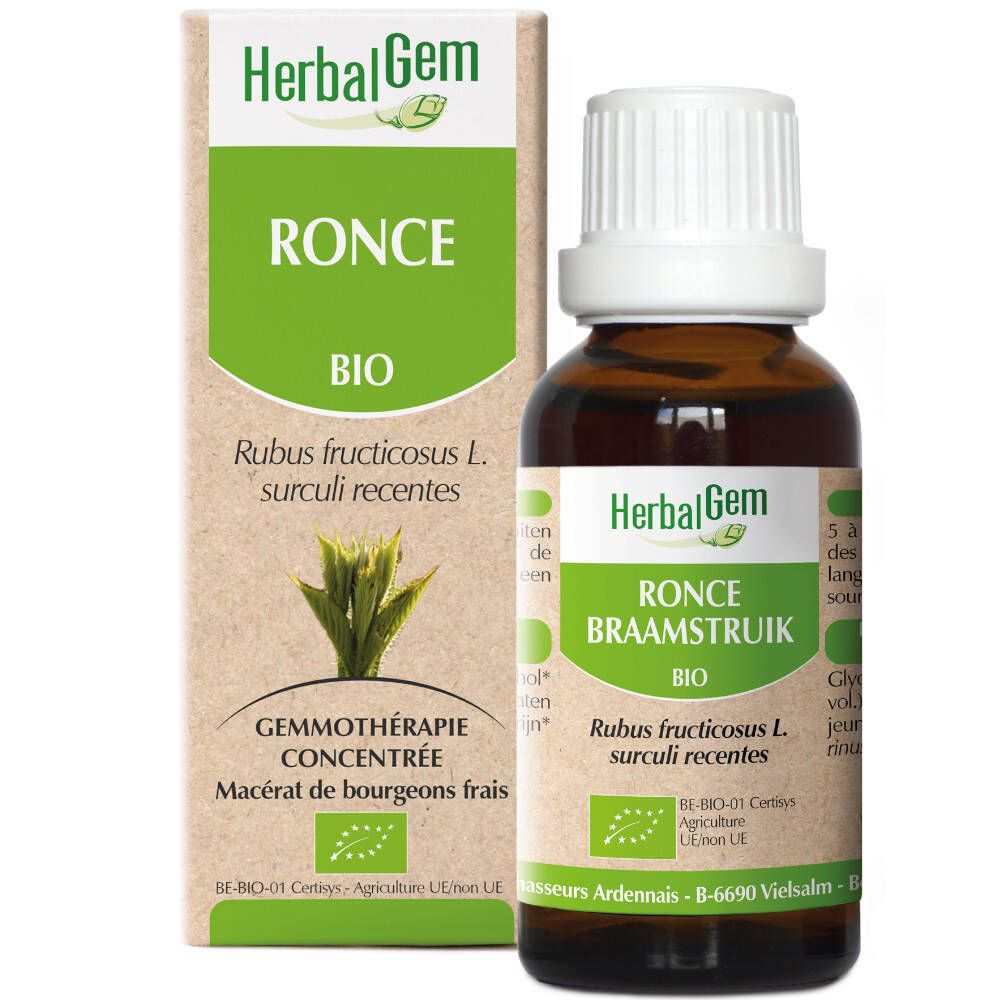 Bruine glazen fles met witte dop en doos. Opschrift: HerbalGem, Ronce Bio. Certificering: AB-BIO-01 Certisys.