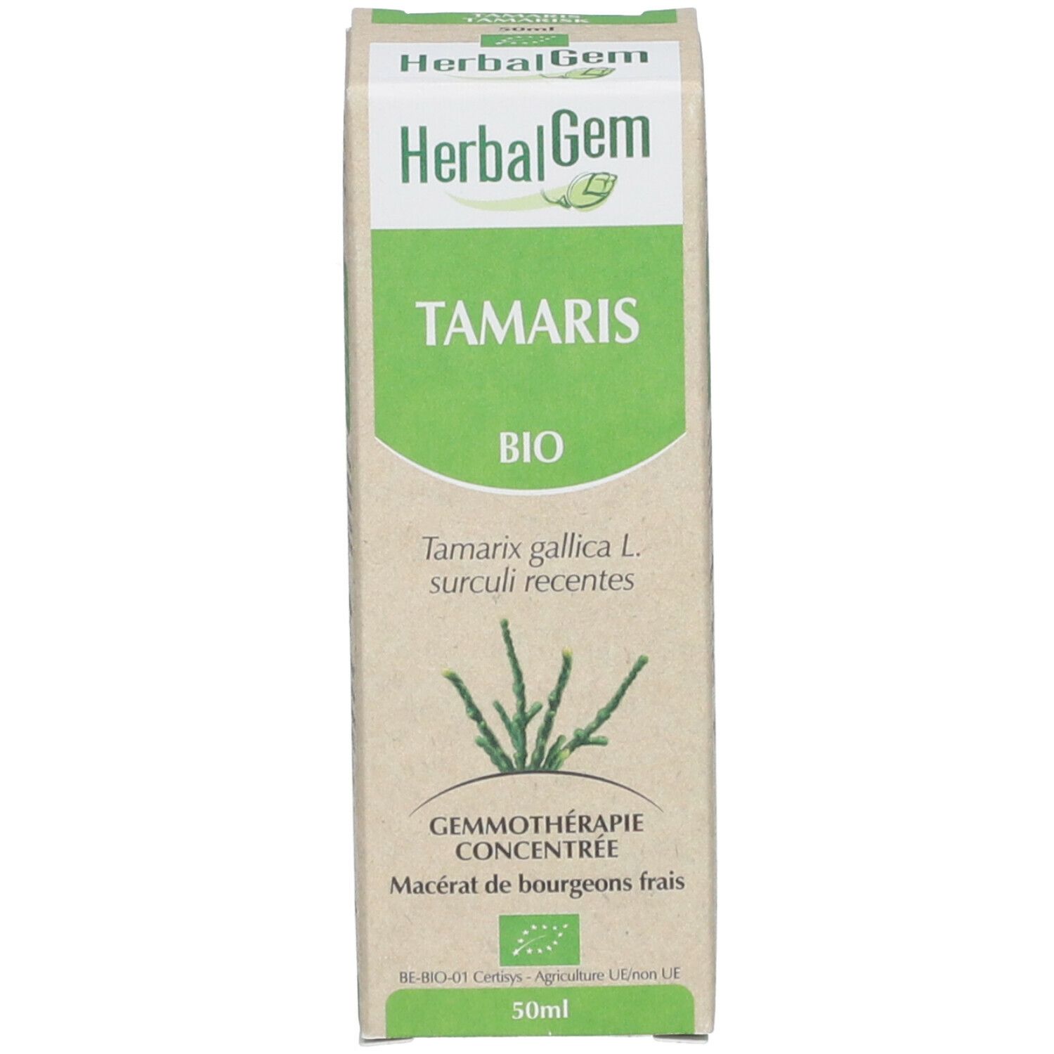 Boîte avec nom du produit, marque HerbalGem et label bio. Design vert et blanc. Illustration du produit.