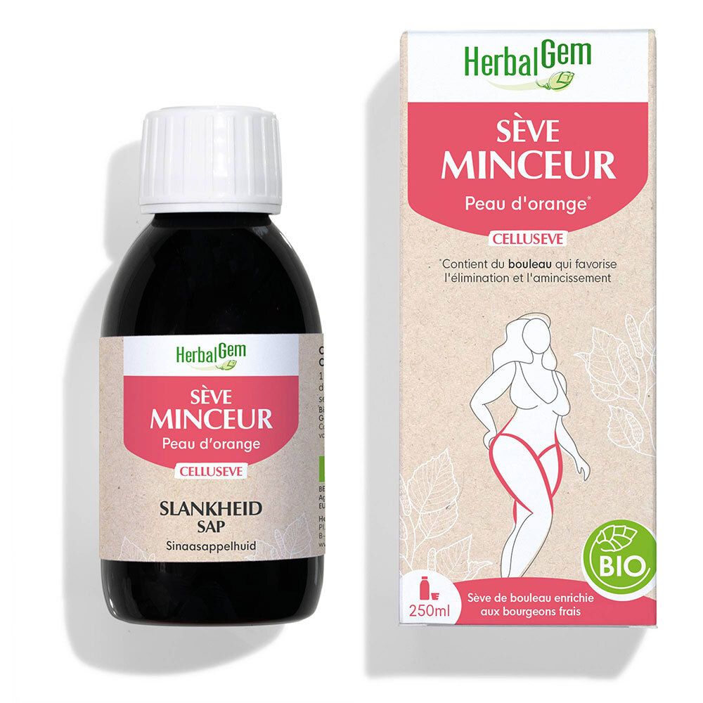 Flacon et emballage. Inscription: Sève Minceur, Celluseve. Label bio. Illustration d'une femme.
