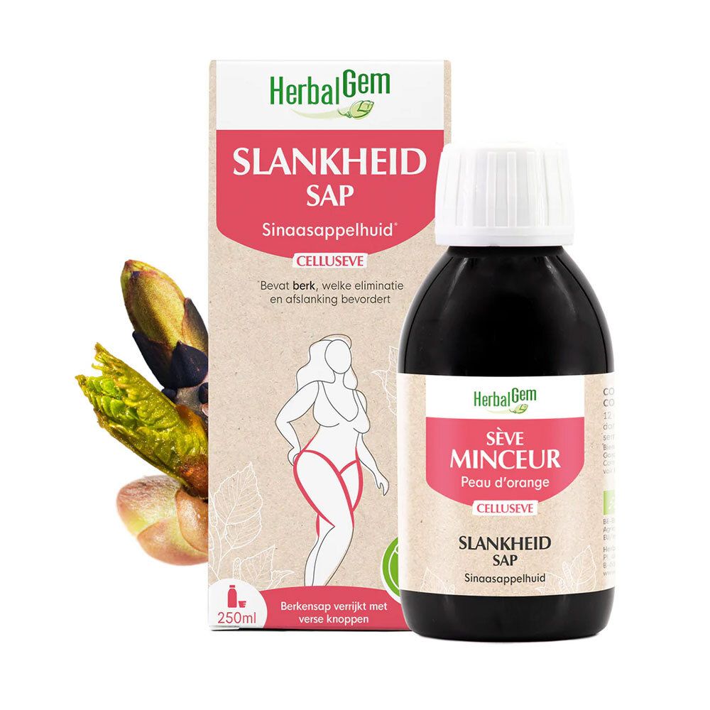 Verpakking en fles. Opschrift: Sève Minceur, Celluseve. Bio-label. Illustratie van een vrouw.
