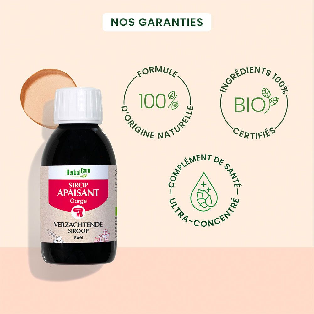 Bouteille marron avec bouchon blanc et étiquette. Logos et certifications.