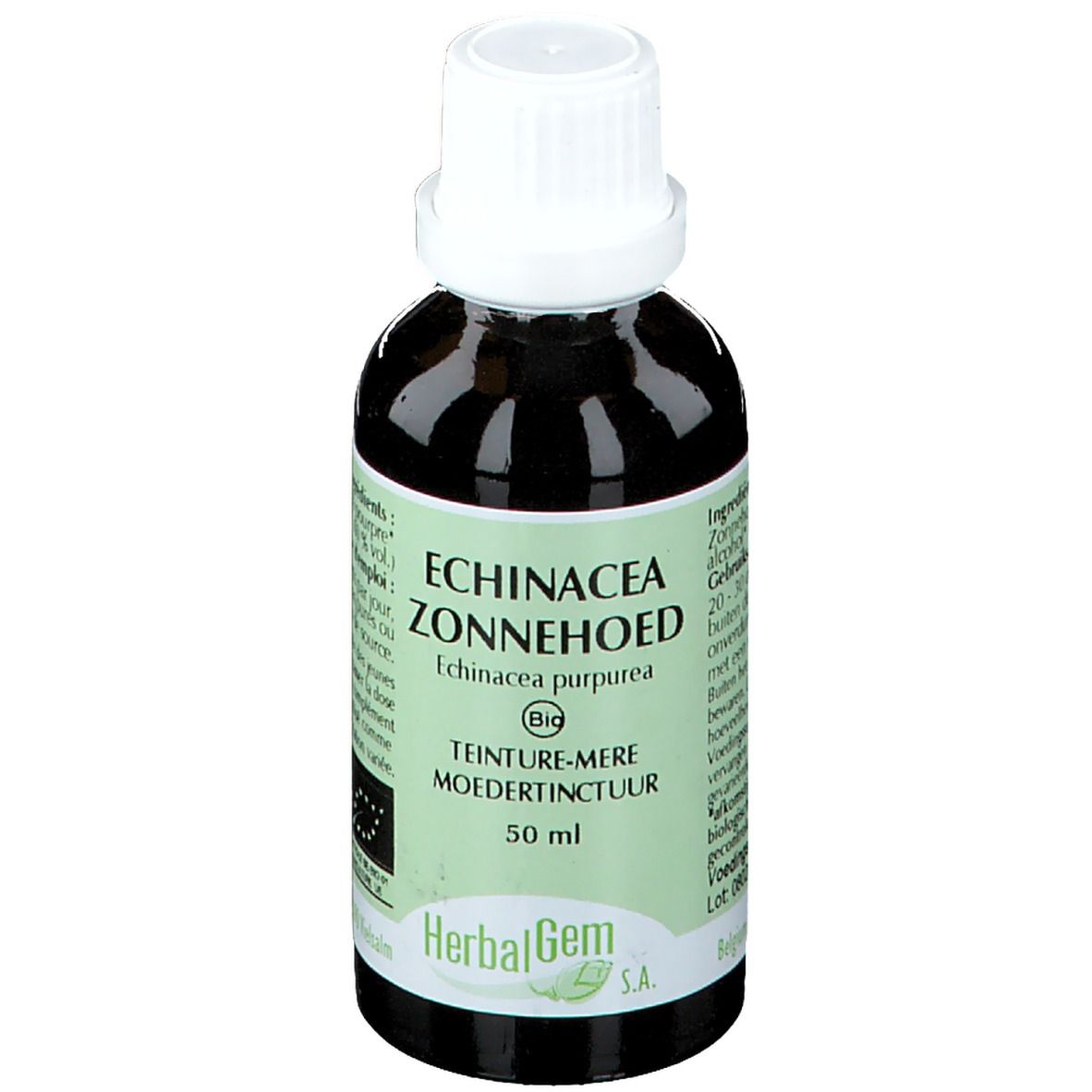 Flacon en verre brun avec bouchon blanc. Étiquette avec texte: Echinacea Zonnehoed, 50 ml, Herbalgem. Certification bio.