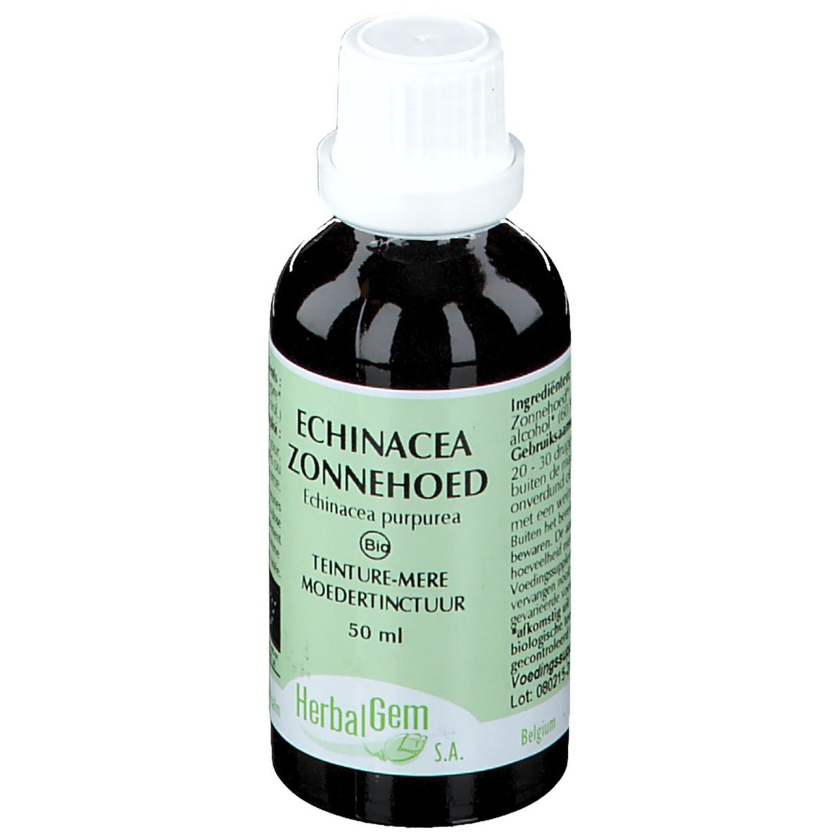 Flacon en verre brun avec bouchon blanc. Étiquette avec texte: Echinacea Zonnehoed, 50 ml, Herbalgem. Certification bio.