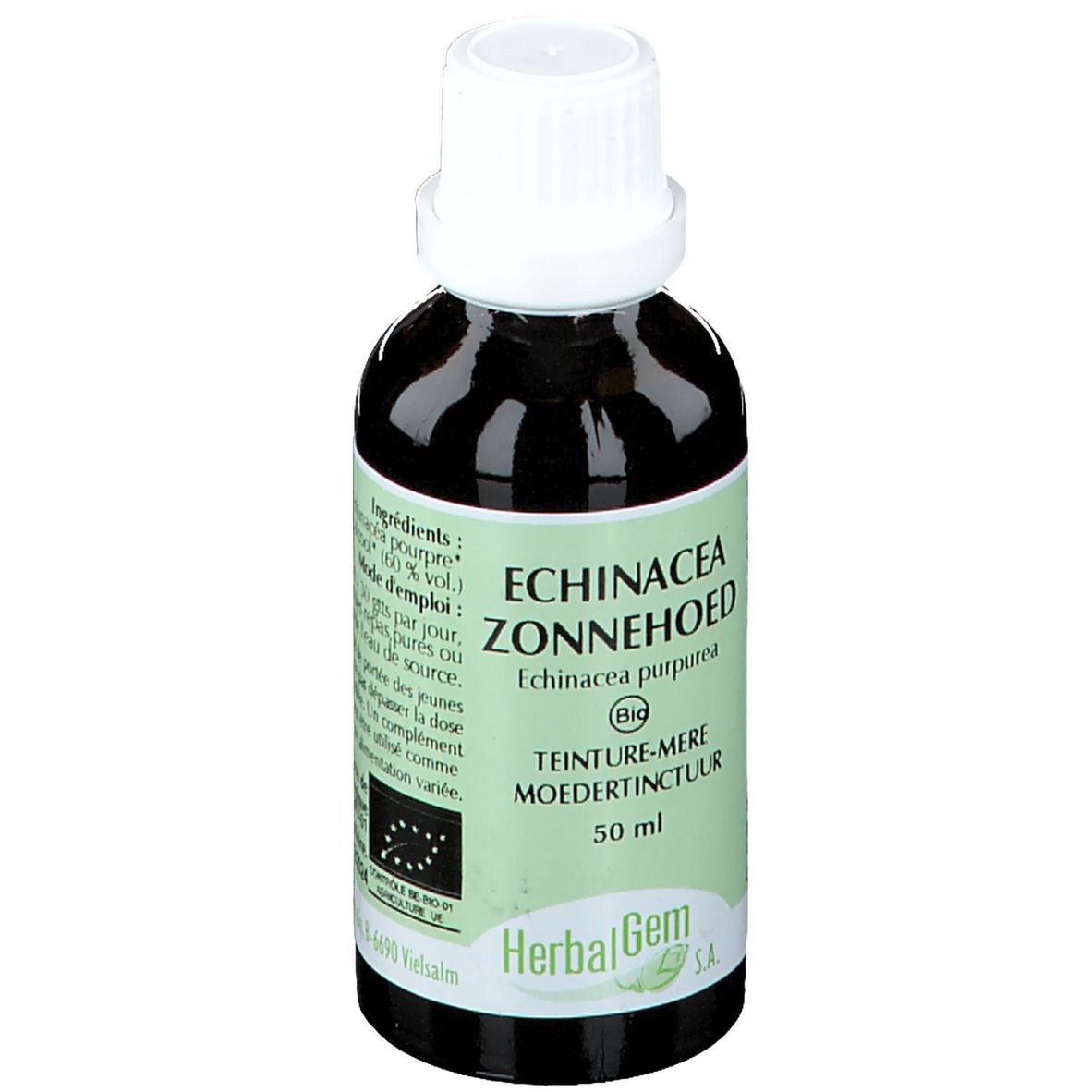 Flacon en verre brun avec bouchon blanc. Étiquette avec texte: Echinacea Zonnehoed, 50 ml, Herbalgem. Certification bio.