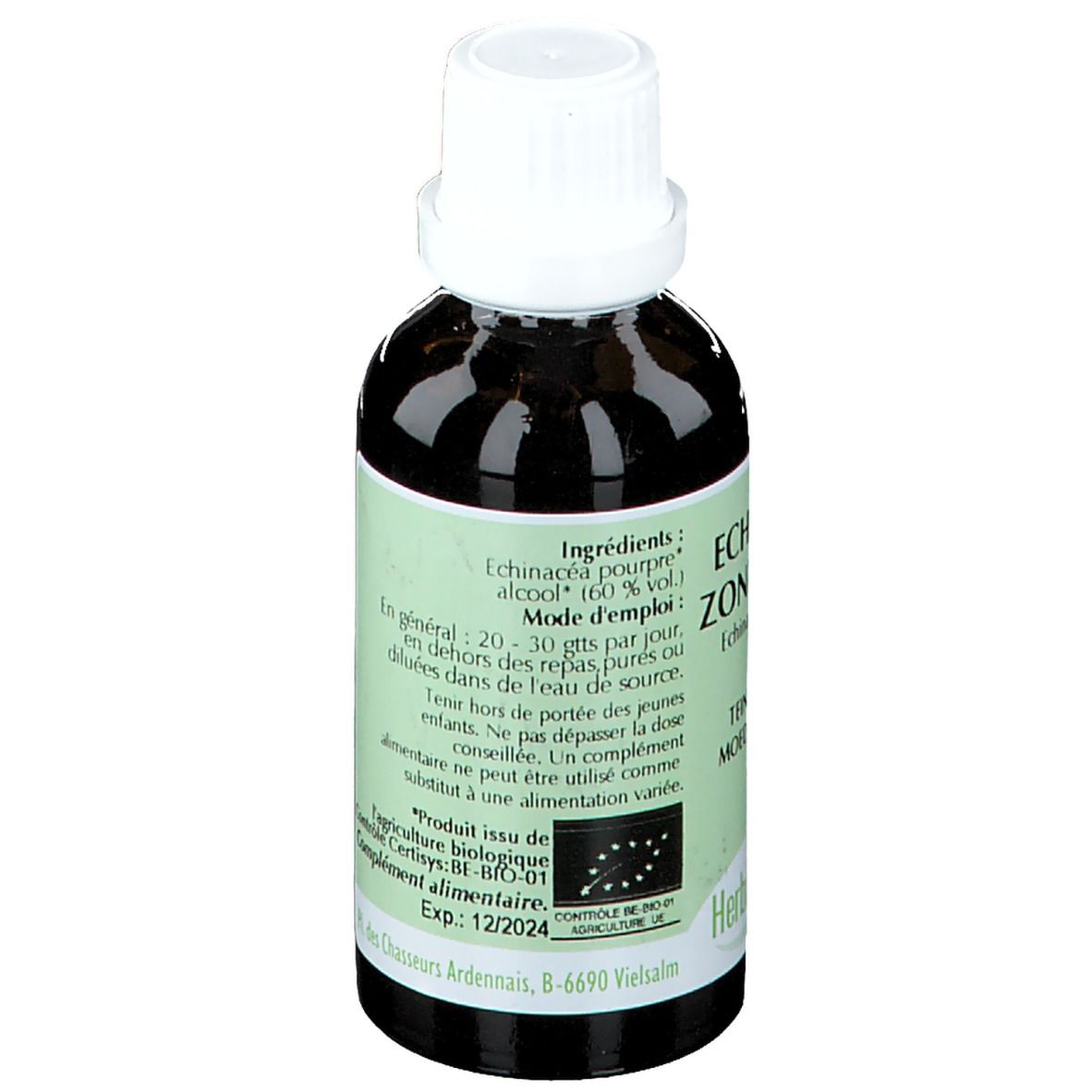 Flacon en verre brun avec bouchon blanc. Étiquette avec texte et ingrédients. Logo Herbalgem et certification bio.
