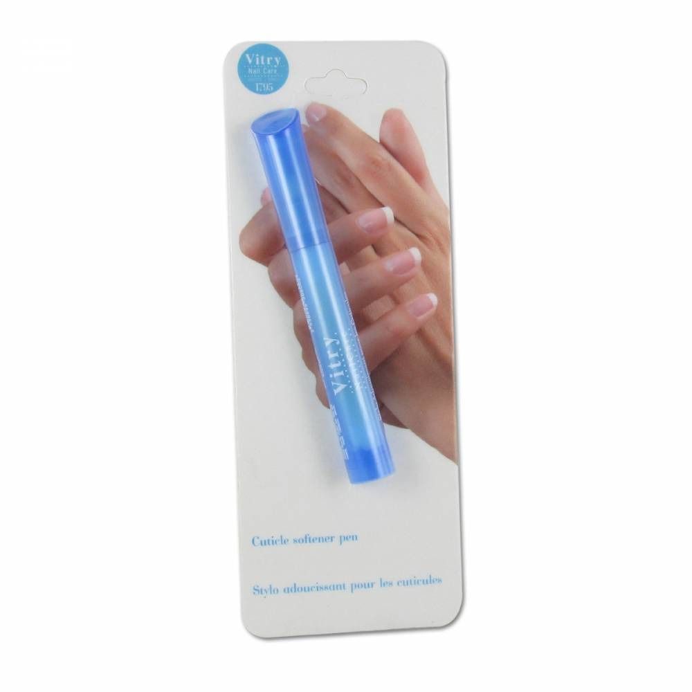 Stylo adoucissant pour cuticules bleu sur emballage. Marque Vitry. Inscription: Cuticle softener pen, Stylo adoucissant pour les cuticules.