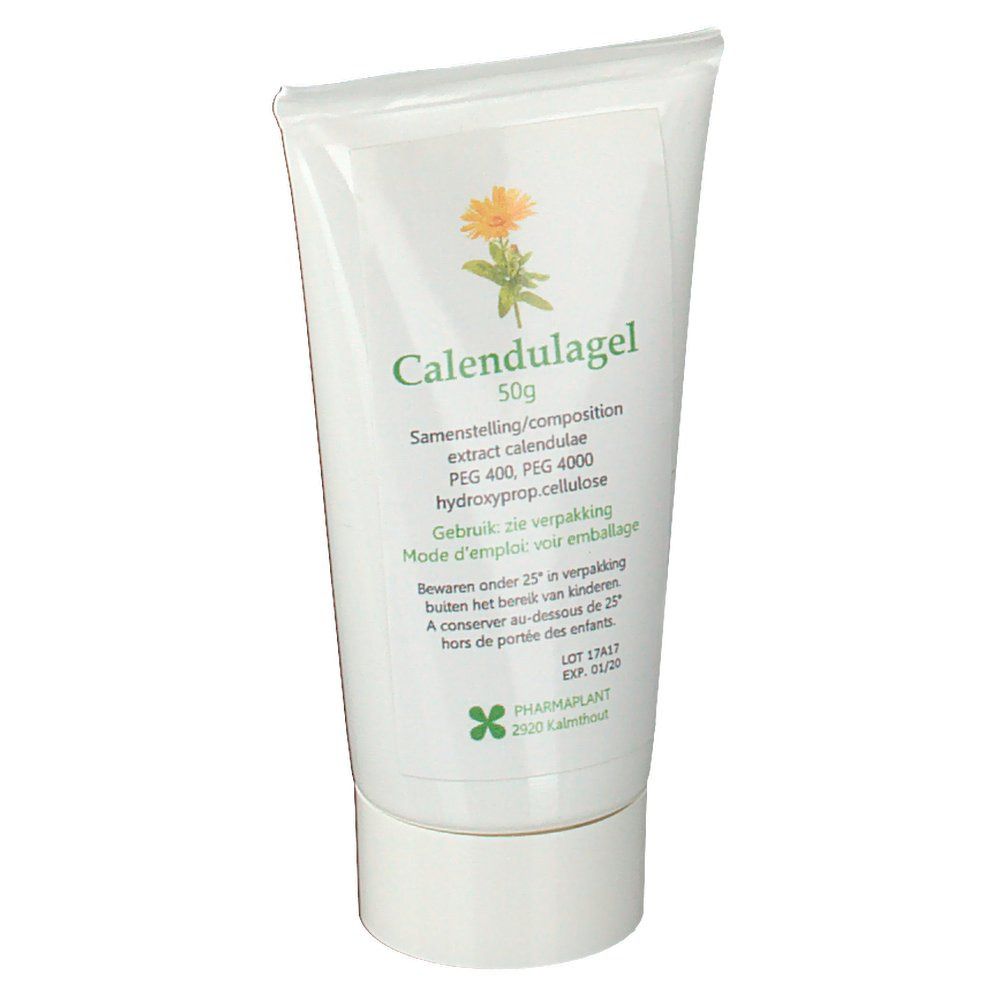 Witte tube met groene opdruk. Bevat Calendulagel. Afdrukken in het Duits, Nederlands en Frans. Merk Pharmaplant.