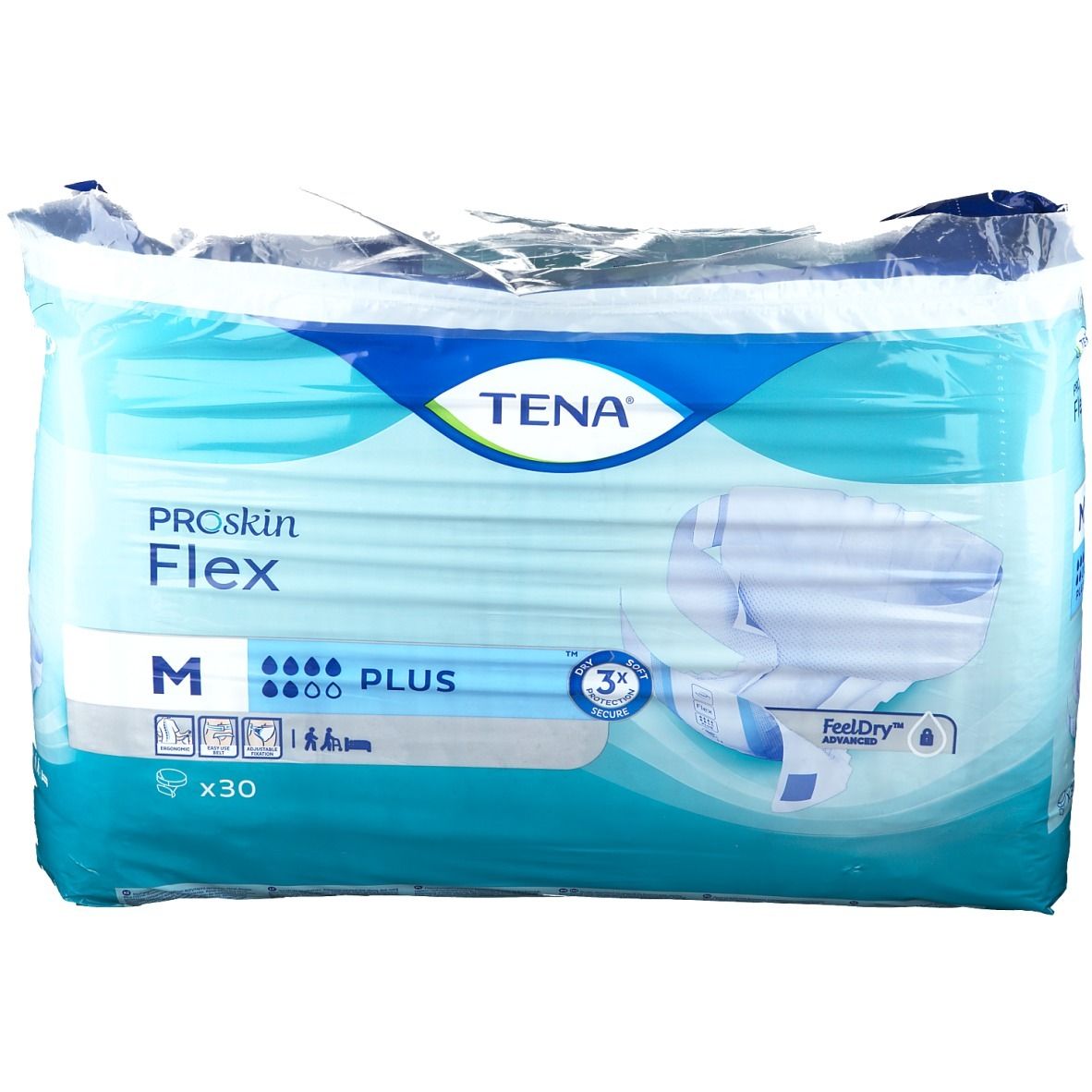 Paquet de Tena Flex Plus M. Film bleu et blanc. Inscription : Tena, ProSkin Flex, M, x30. Indicateur d'absorption.