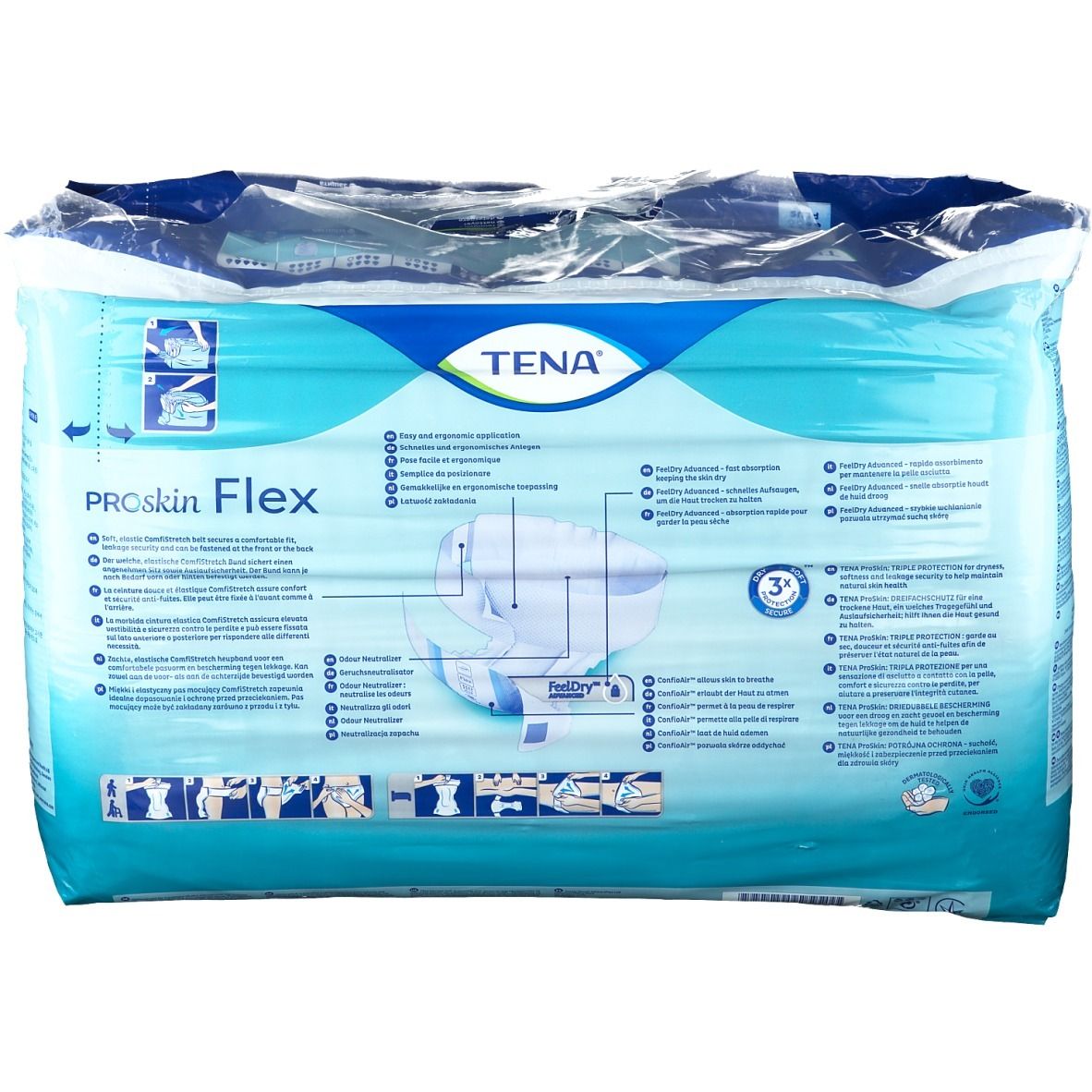 Dos du paquet Tena Flex Plus M. Film bleu et blanc. Inscription : Tena, ProSkin Flex. Image du produit et pictogrammes.