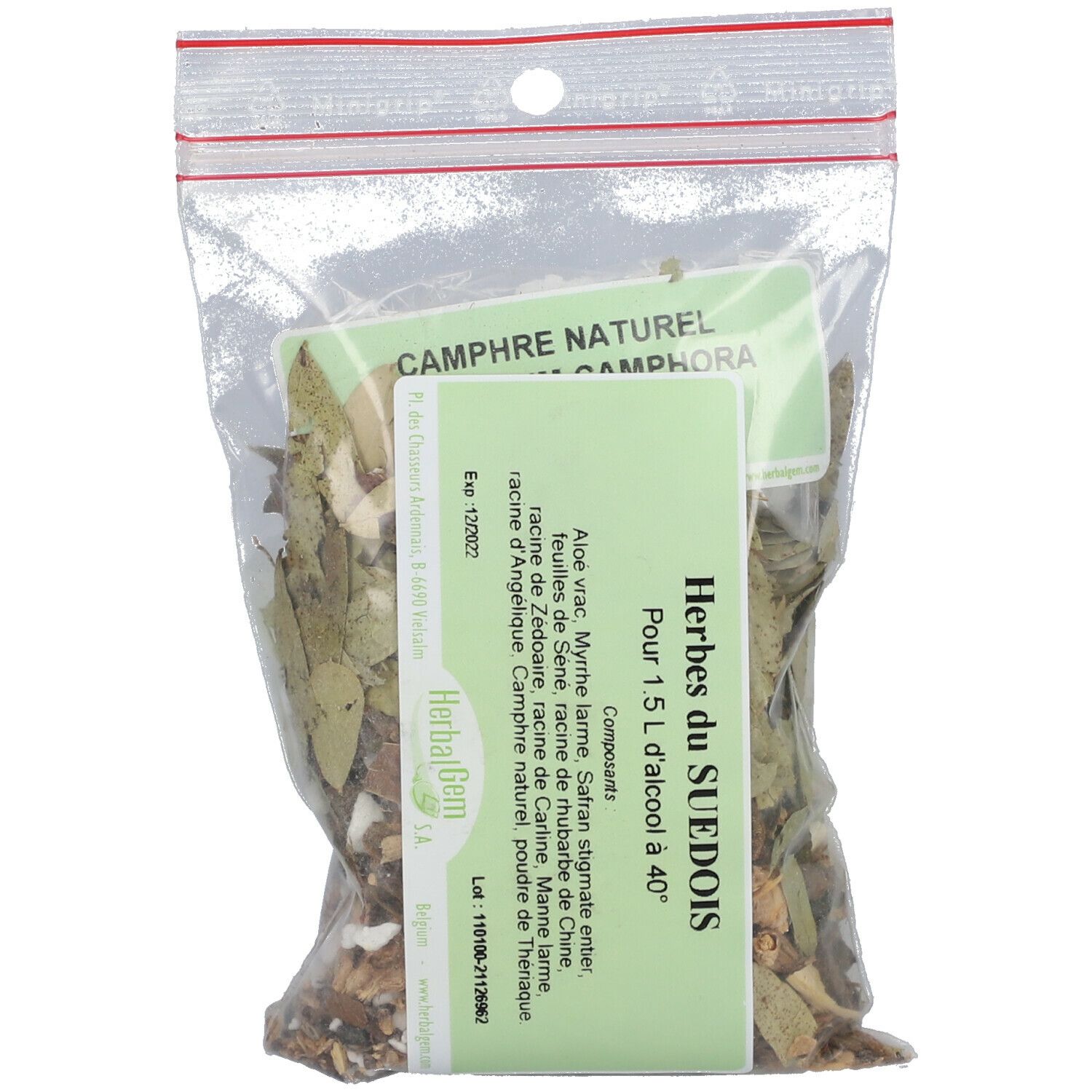 Mélange d'herbes en sachet transparent avec étiquette. Étiquette avec texte: Herbes du Suedois, liste des ingrédients et logo HerbalGem.