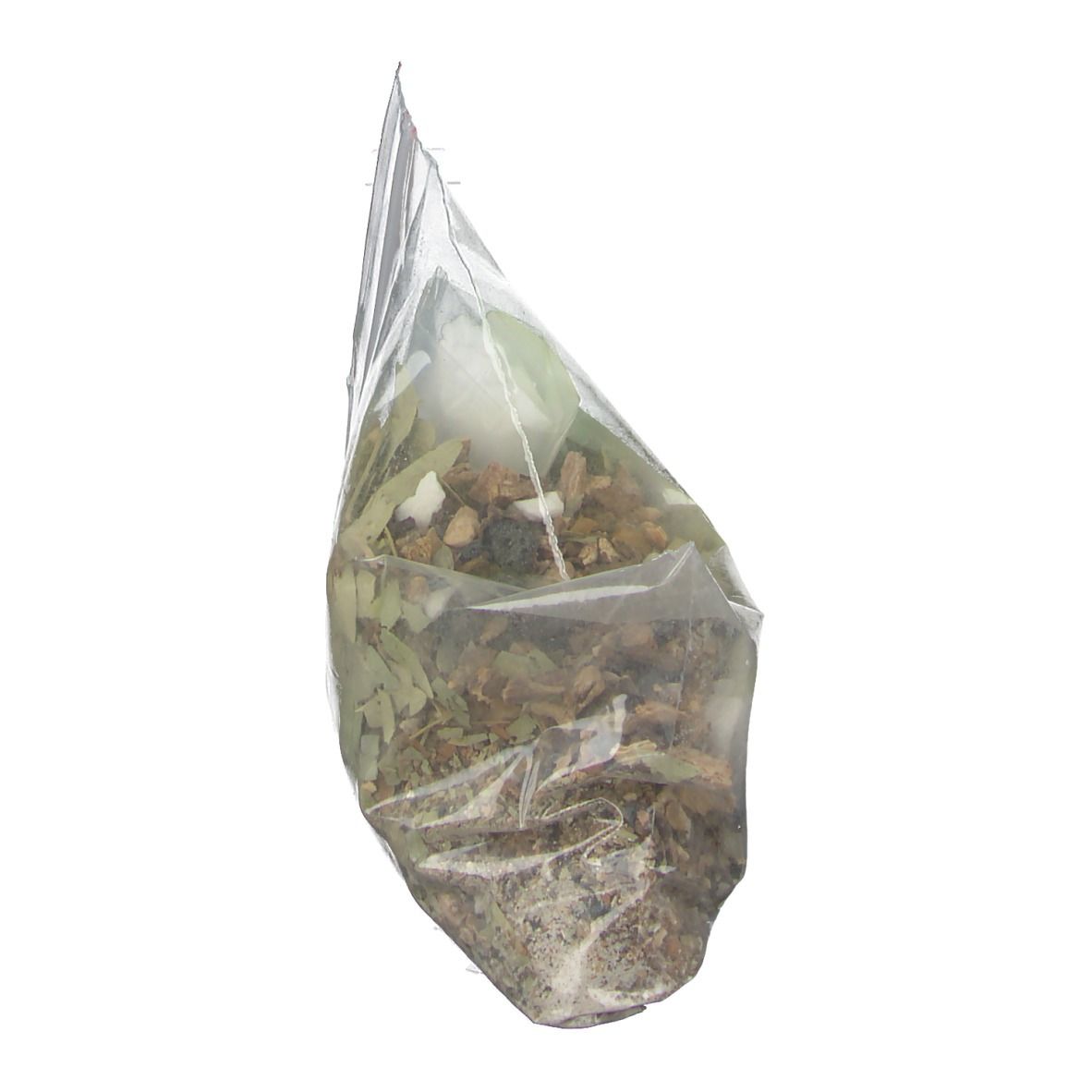 Mélange d'herbes en sachet transparent. Le sachet est légèrement incliné.
