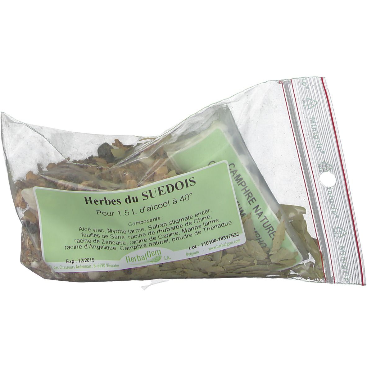 Mélange d'herbes en sachet transparent avec étiquette. Étiquette avec texte: Herbes du Suedois, liste des ingrédients et logo HerbalGem. Fermeture éclair.