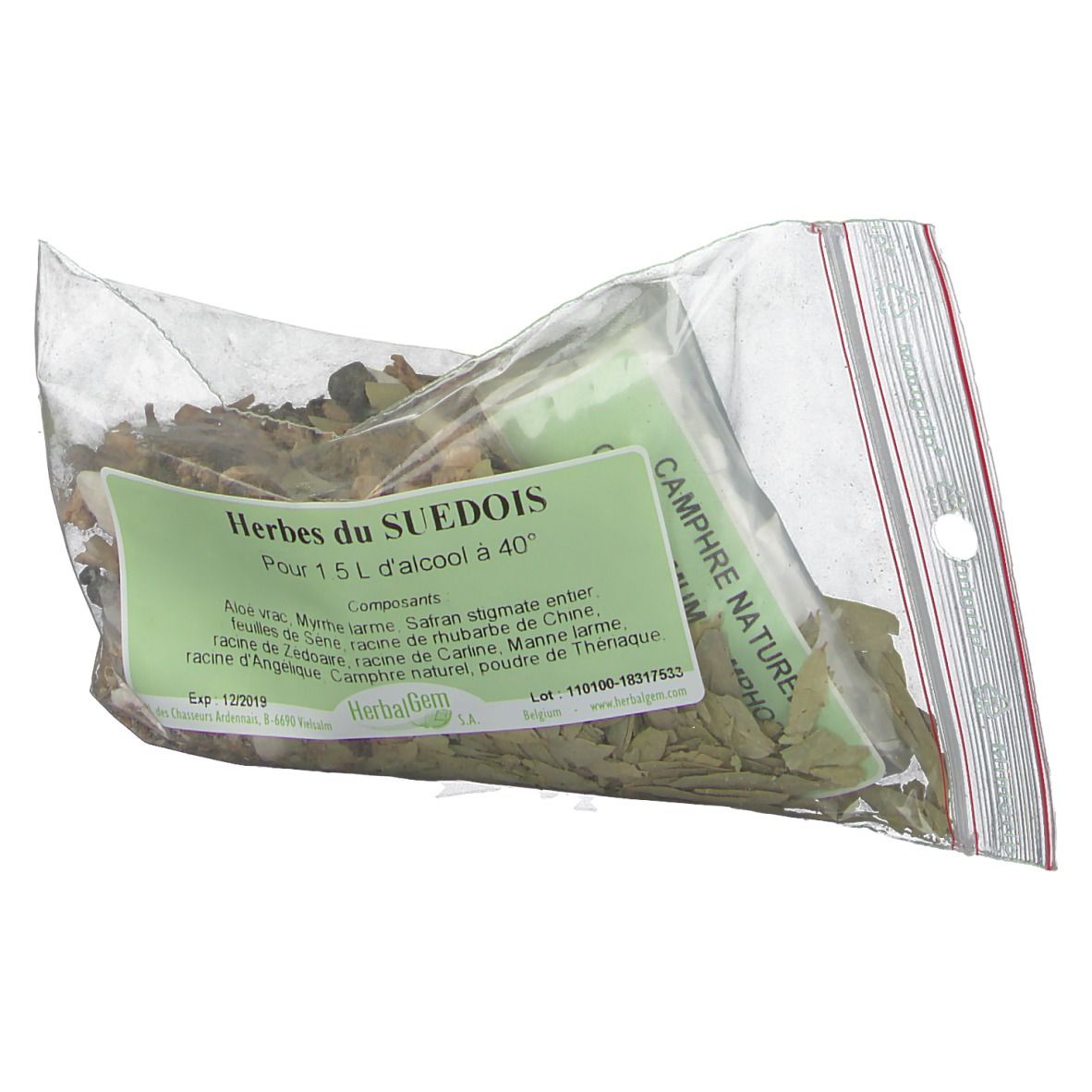 Mélange d'herbes en sachet transparent avec étiquette. Étiquette avec texte: Herbes du Suedois, liste des ingrédients et logo HerbalGem. Fermeture éclair.