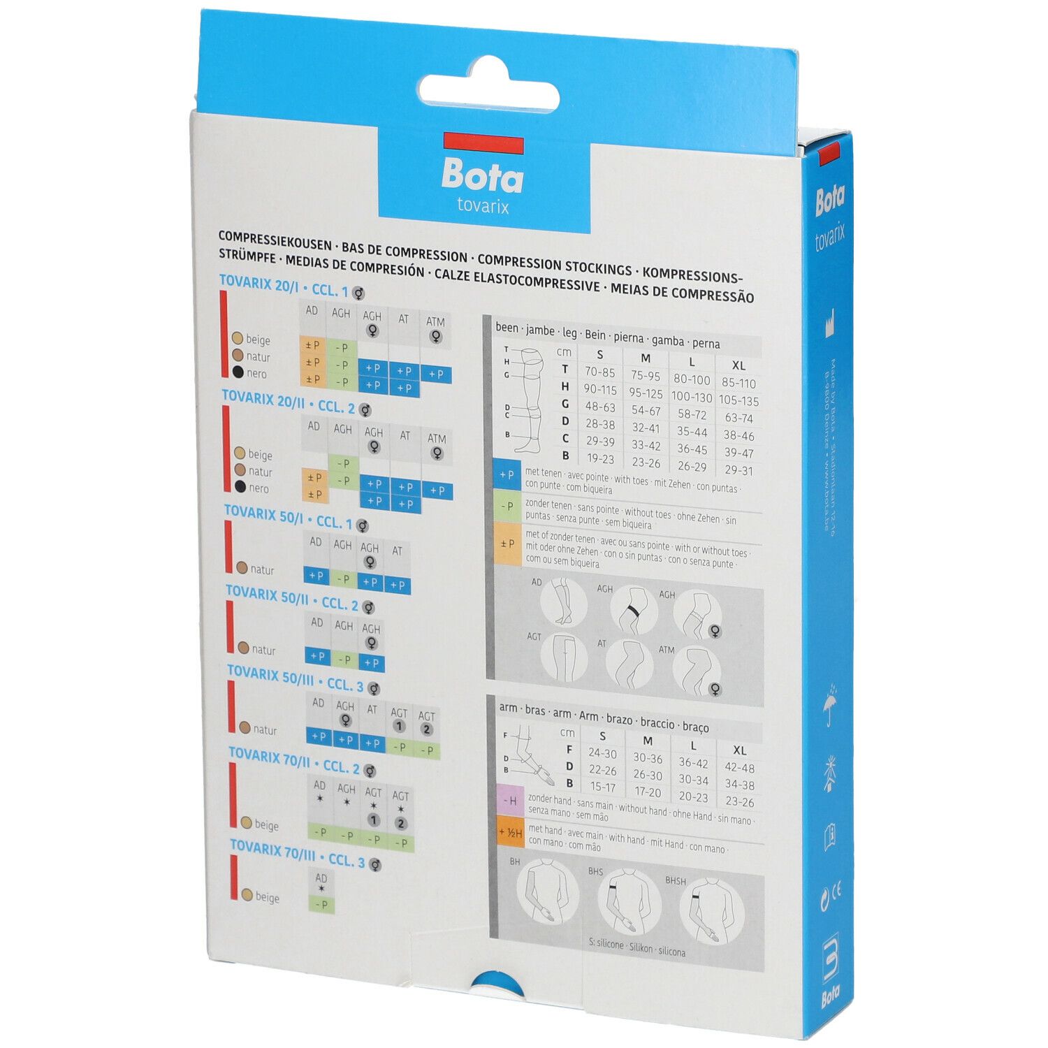 Achterkant Bota tovarix verpakking. Maattabellen en illustraties.