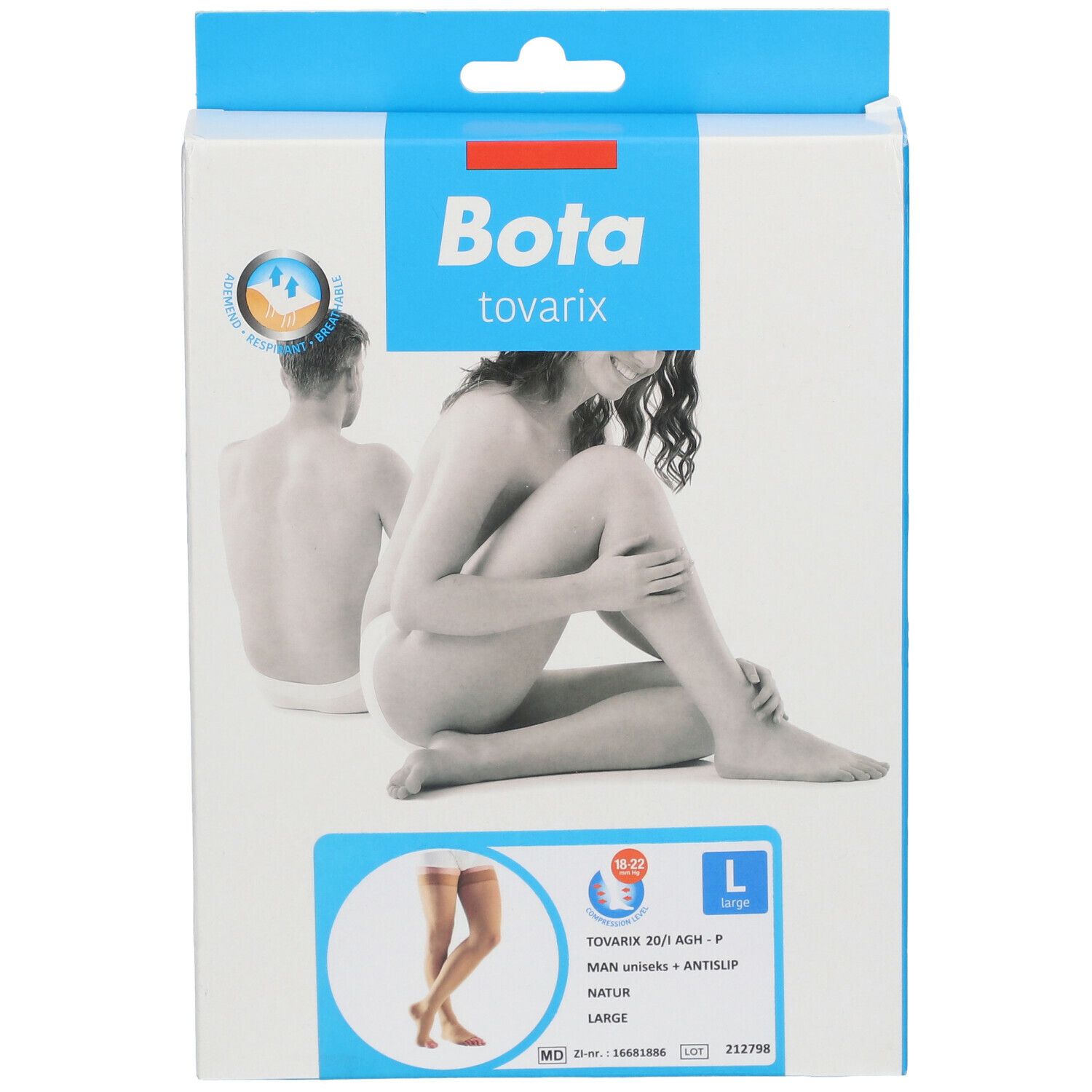 Verpakking Bota tovarix compressiekousen, maat L. Afbeelding van een vrouw. Productinformatie en logo.