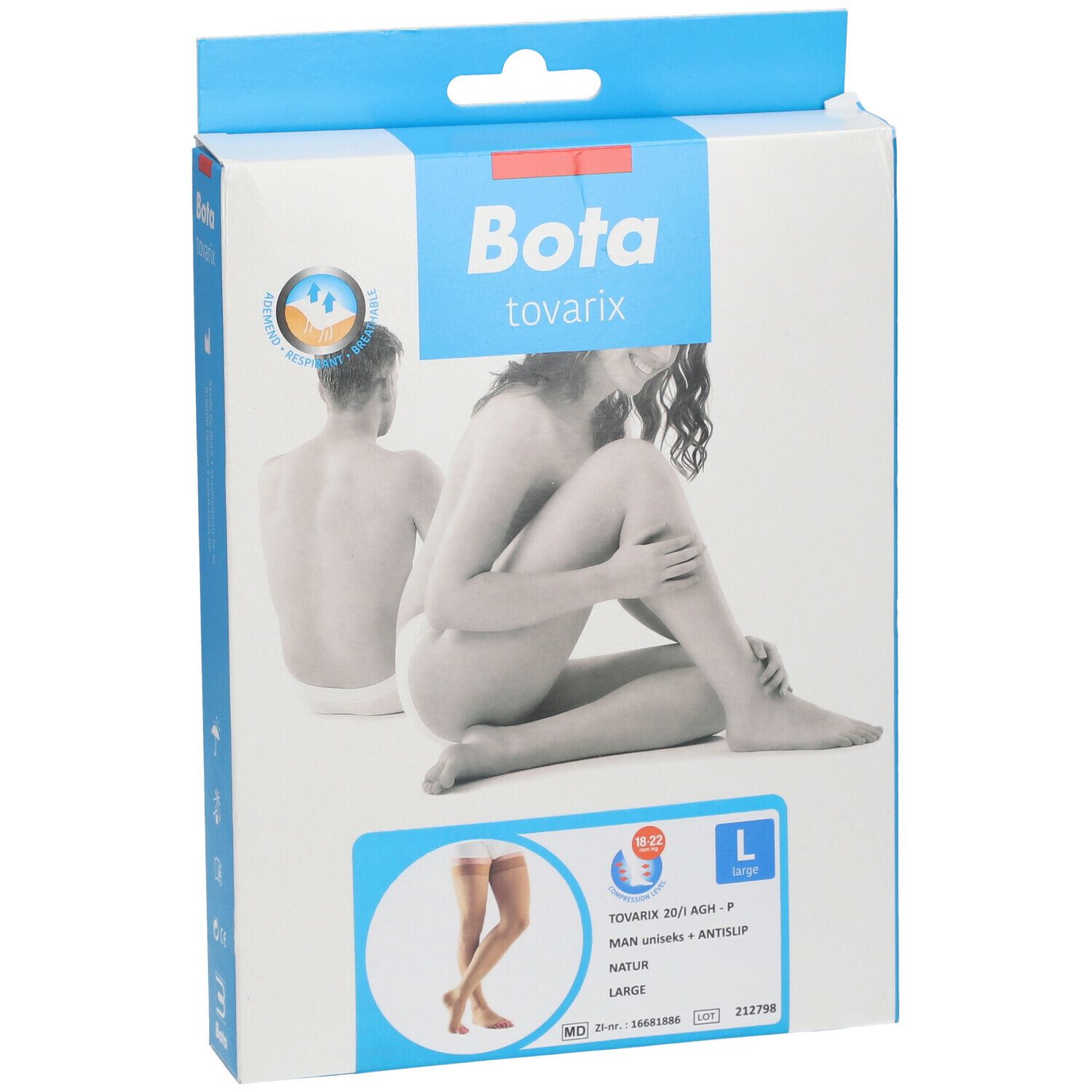 Verpakking Bota tovarix compressiekousen, maat L. Afbeelding van een vrouw. Productinformatie en logo.