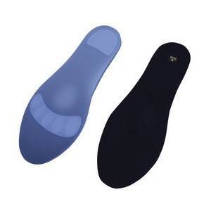 Deux semelles orthopédiques. Une bleue, une noire. Forme anatomique, pour le pied.