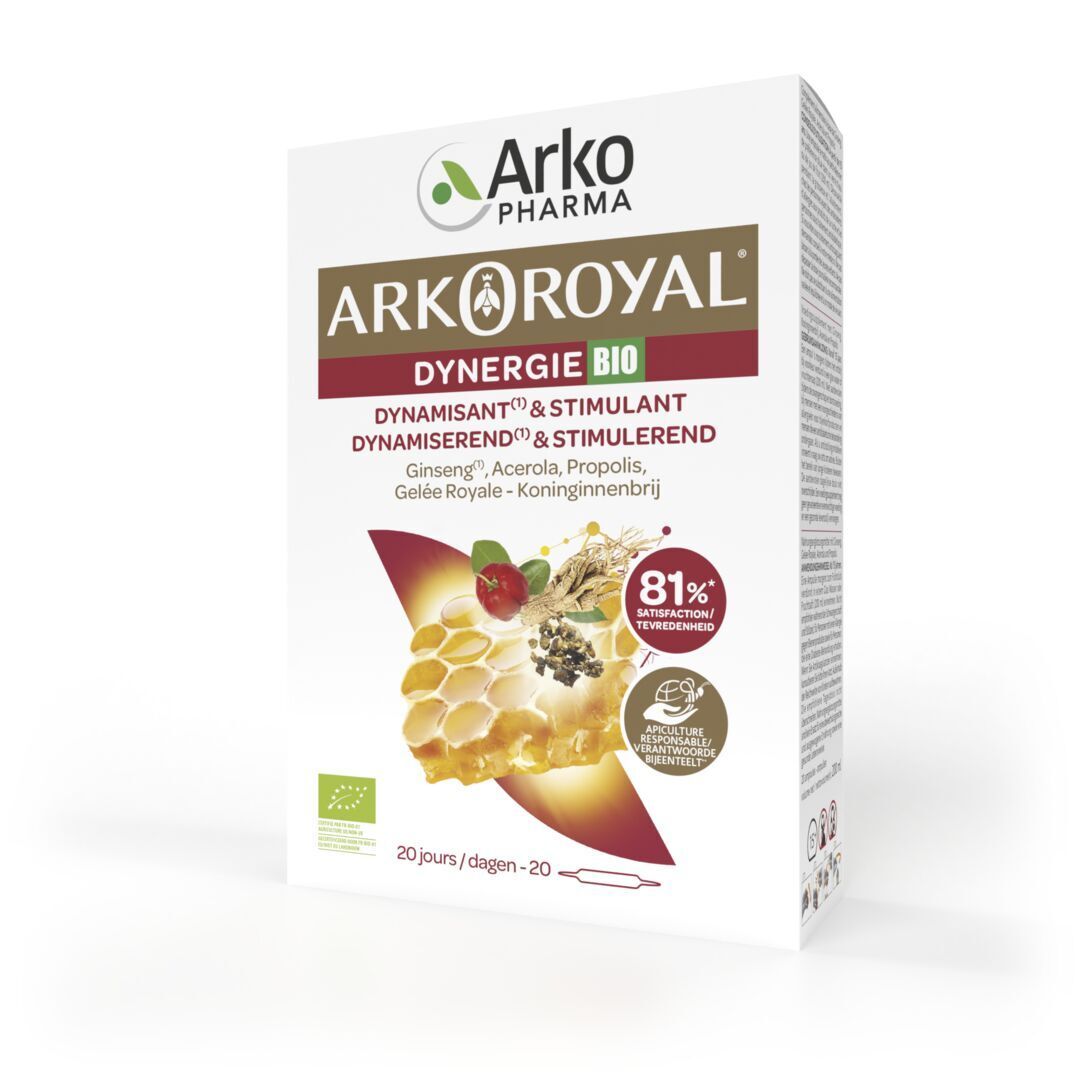 Boîte Arkopharma Arko Royal Dynergie BIO. Contient 20 ampoules. Ingrédients : Ginseng, Acerola, Gelée Royale, Propolis.