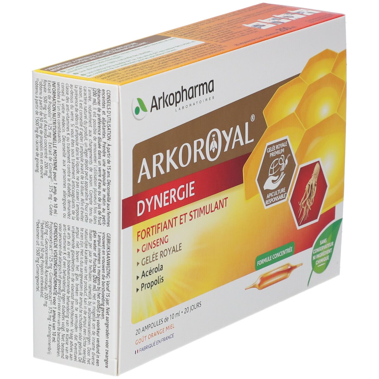Vue en biais de la boîte Arkopharma Arko Royal Dynergie. Contient 20 ampoules. Ingrédients : Ginseng, Gelée Royale, Acérola, Propolis.