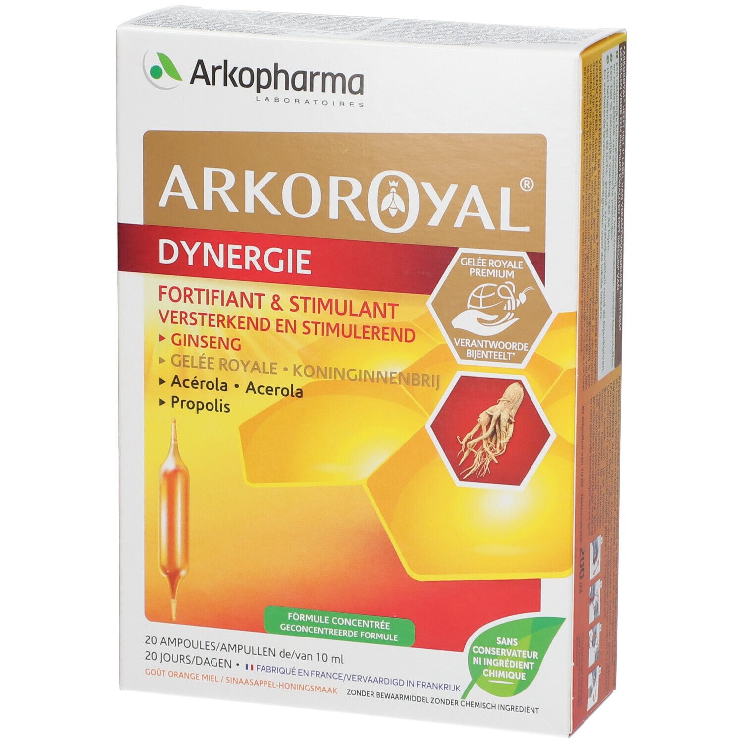 Boîte Arkopharma Arko Royal Dynergie. Contient 20 ampoules. Ingrédients : Ginseng, Gelée Royale, Acérola, Propolis.