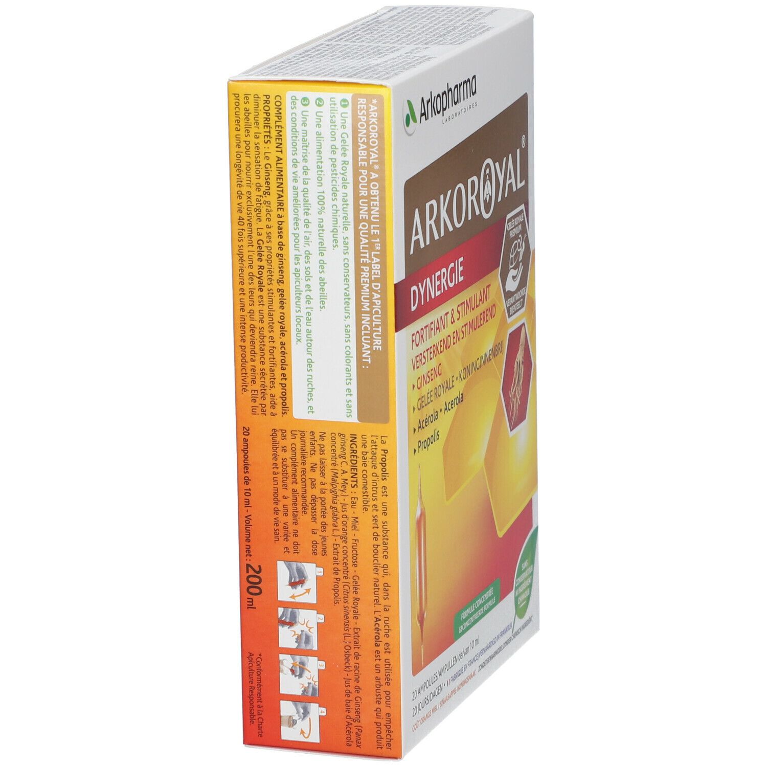 Vue en biais de la boîte Arkopharma Arko Royal Dynergie. Contient 20 ampoules. Ingrédients : Ginseng, Gelée Royale, Acérola, Propolis.
