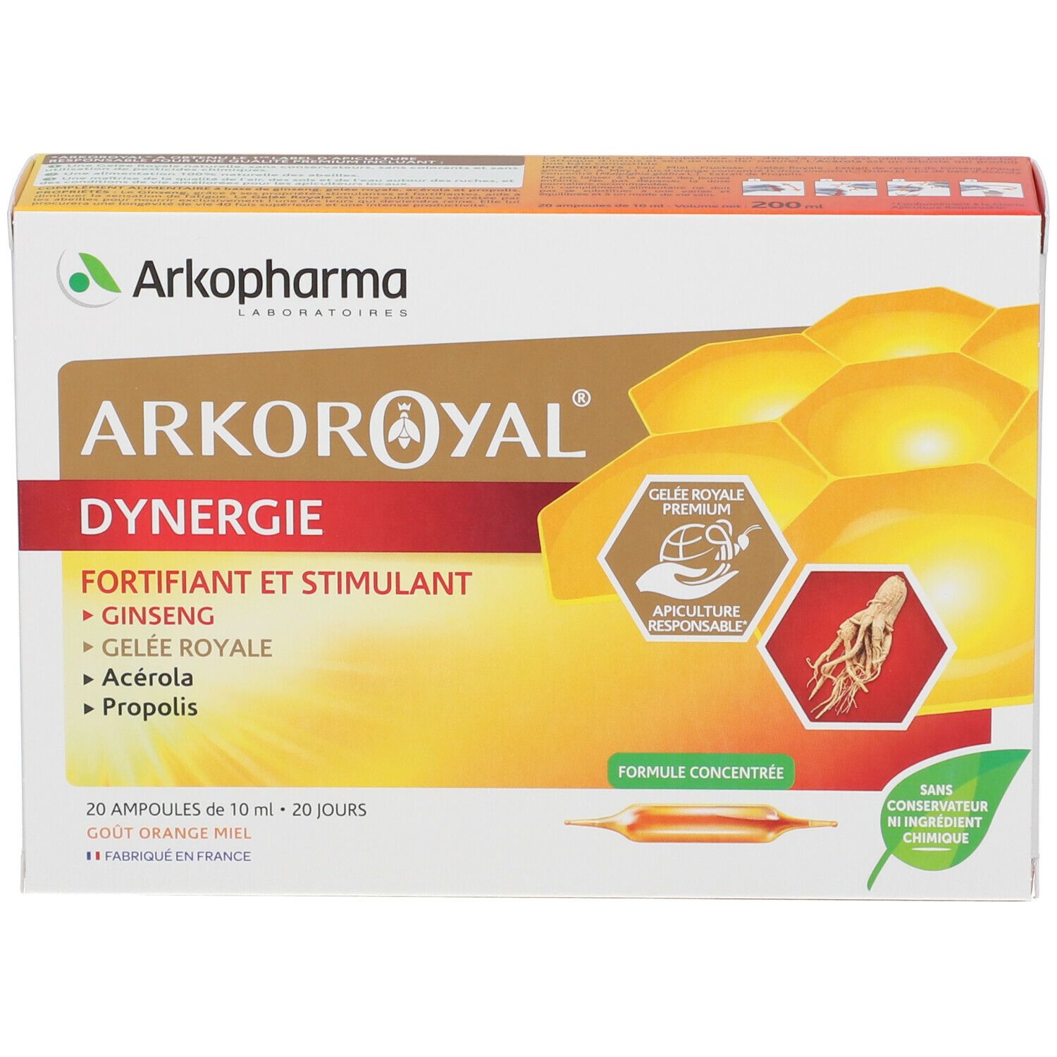 Boîte Arkopharma Arko Royal Dynergie. Contient 20 ampoules. Ingrédients : Ginseng, Gelée Royale, Acérola, Propolis.