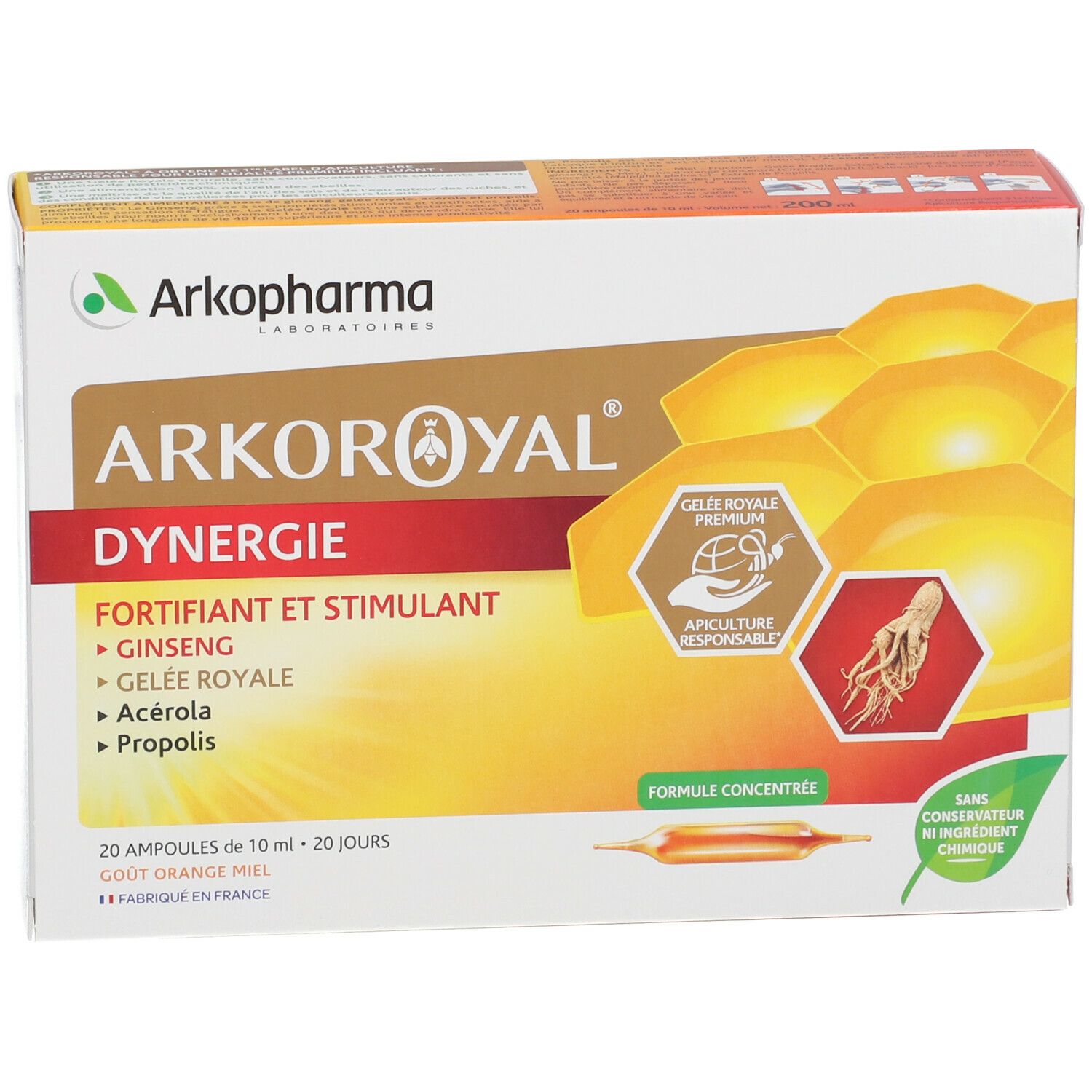 Boîte Arkopharma Arko Royal Dynergie. Contient 20 ampoules. Ingrédients : Ginseng, Gelée Royale, Acérola, Propolis.