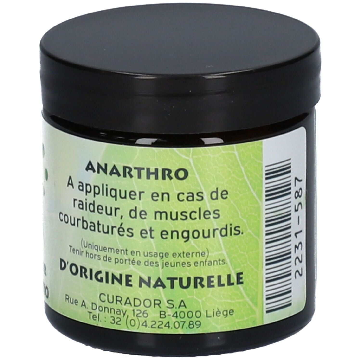 Dunkles Tiegel mit grünem Etikett. Aufschrift: CURADOR ANARTHRO. Text: A appliquer en cas de raideur, de muscles courbaturés et engourdis.