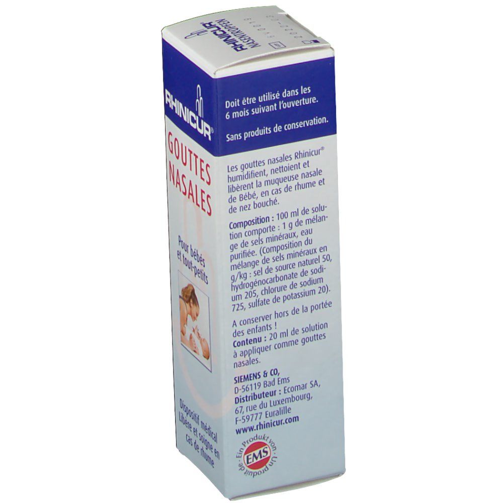 Dos de la boîte de gouttes nasales. Informations textuelles, ingrédients et coordonnées du fabricant. Pour bébés.