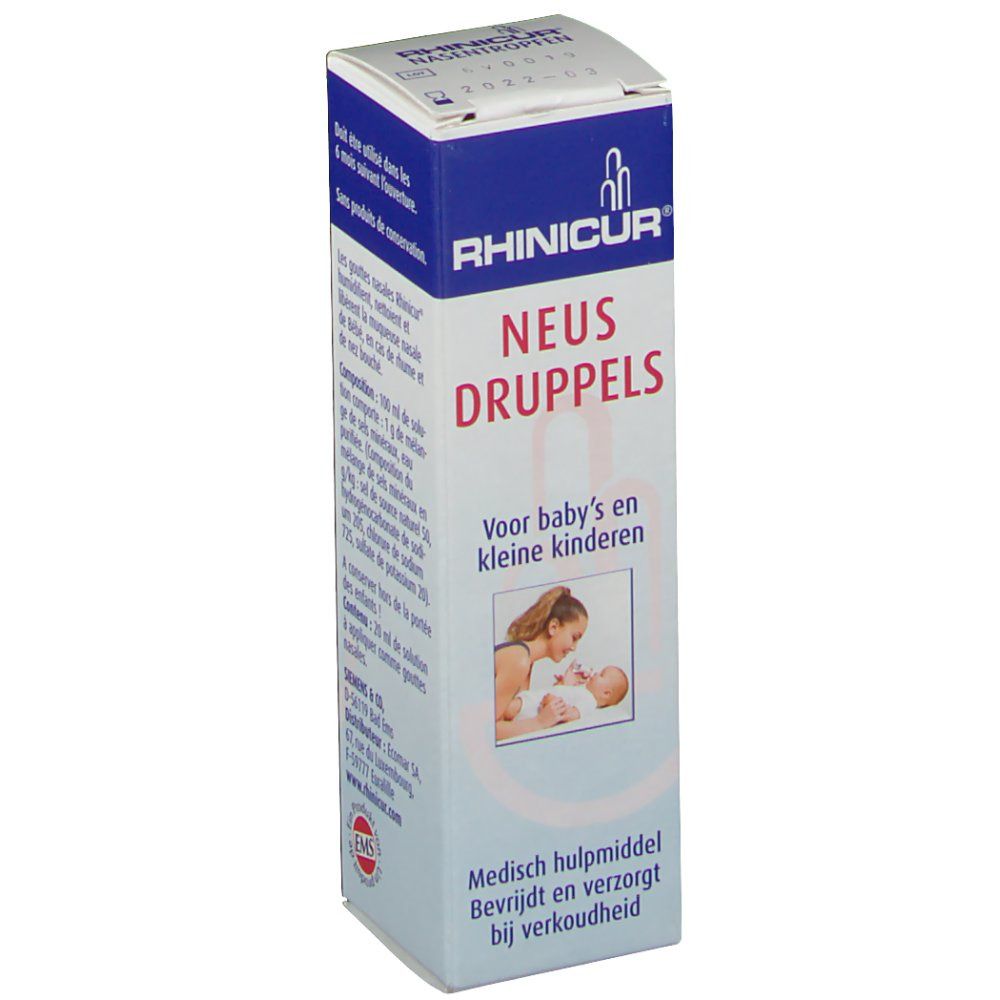 Boîte de Neus Druppels pour bébés et jeunes enfants. Emballage bleu et blanc avec nom et logo du produit.