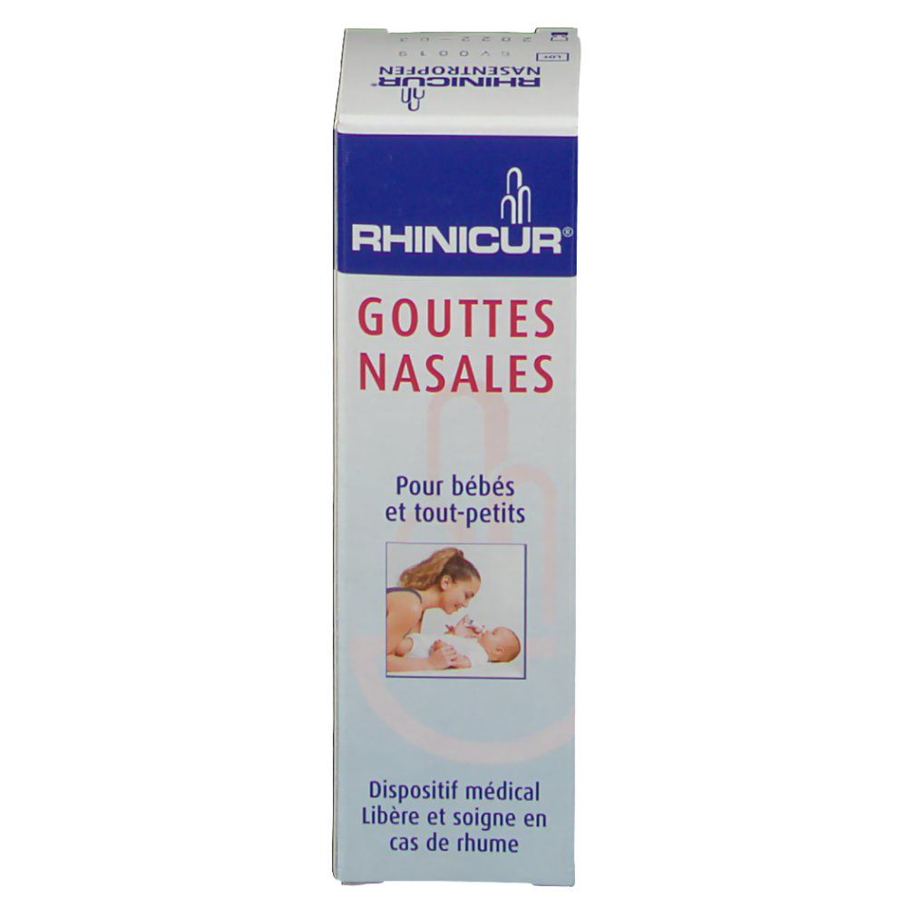 Boîte de gouttes nasales pour bébés et tout-petits. Emballage bleu et blanc avec nom et logo du produit.