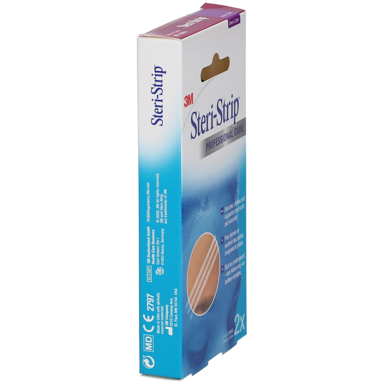 Steri-Strip verpakking, 3M. Bevat 2 x 5 strips. Zijaanzicht van het product. Afmeting: 3mm x 7,5cm.