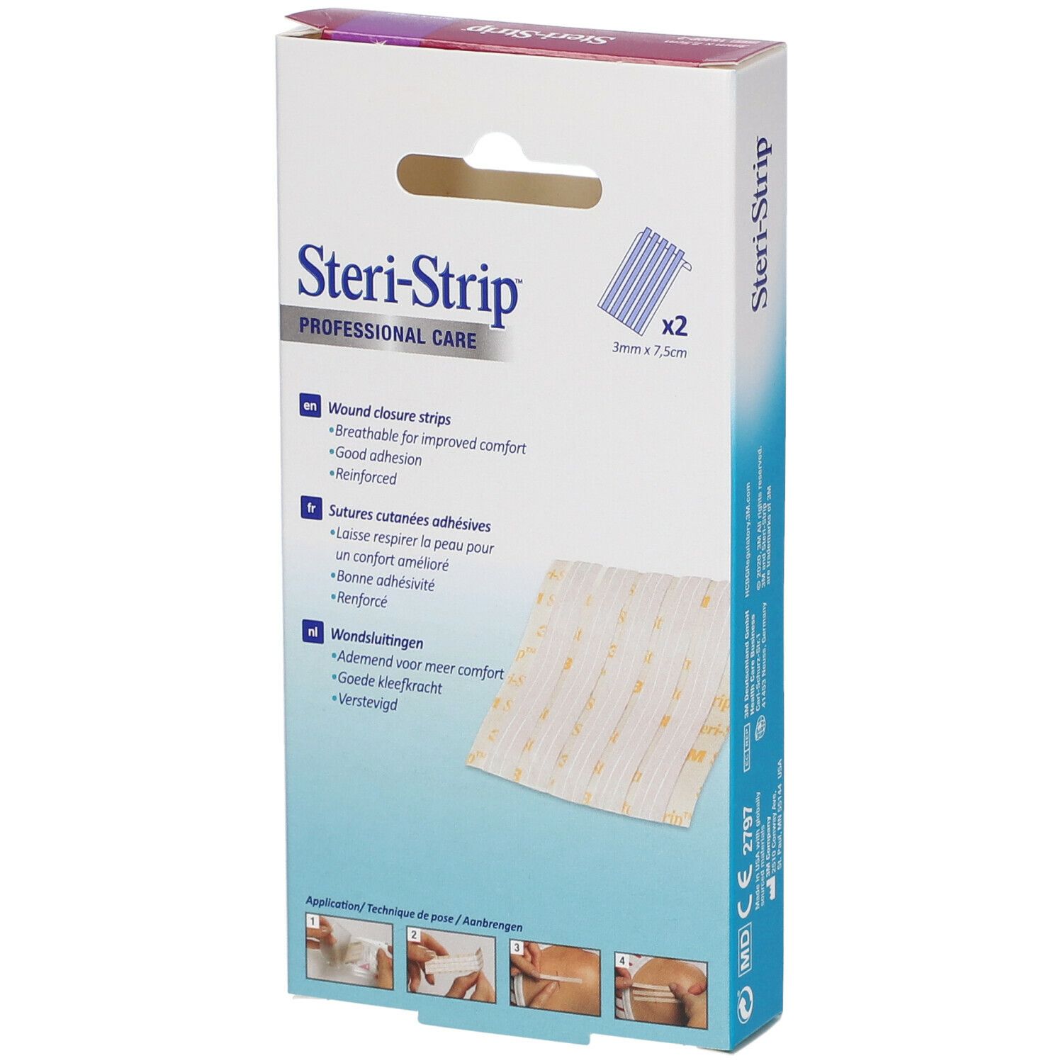 Achterkant van de Steri-Strip verpakking. Toont strips en toepassingsvoorbeelden. Afmeting: 3mm x 7,5cm.