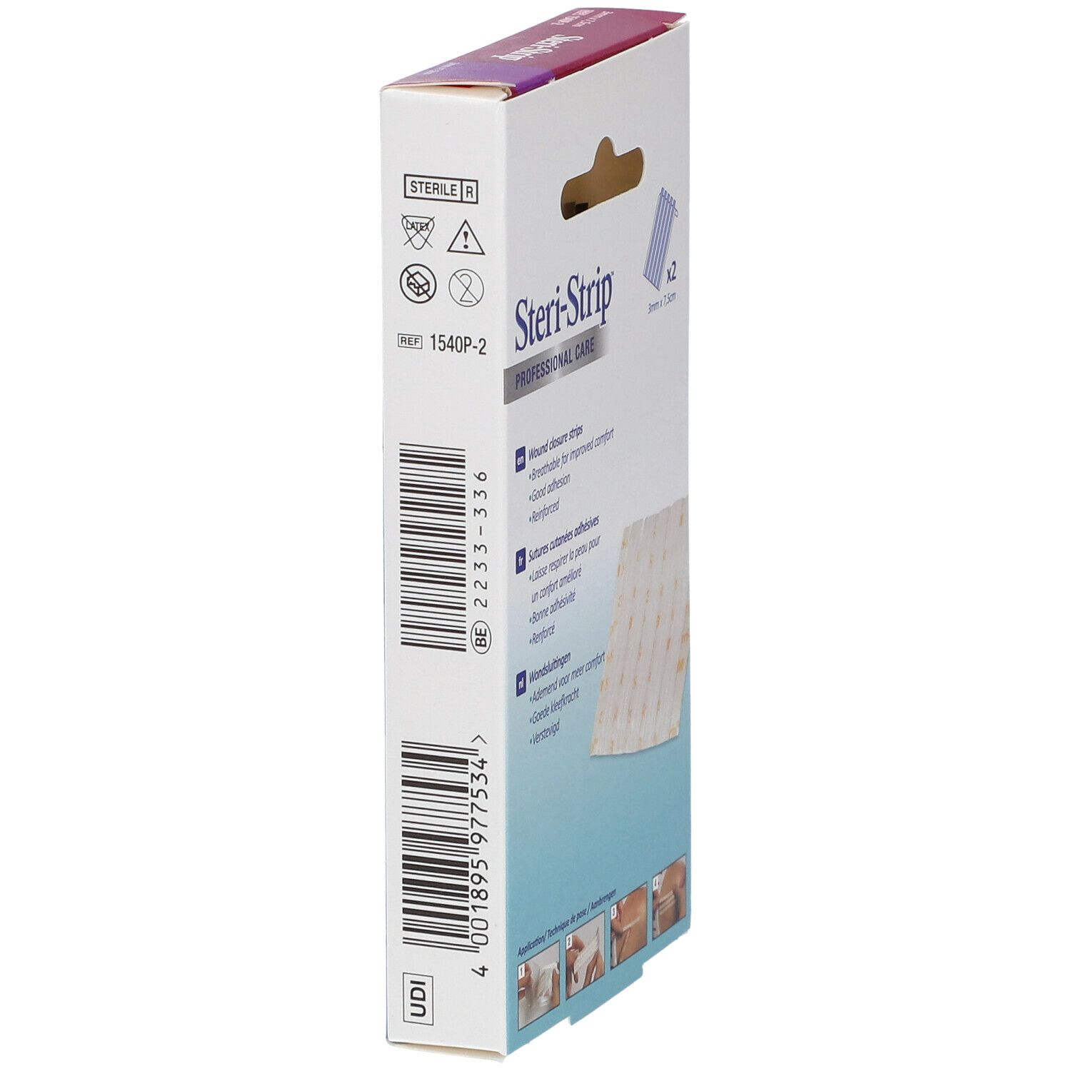 Zijaanzicht van de Steri-Strip verpakking. Bevat 2 x 5 strips. Afmeting: 3mm x 7,5cm. Met CE-markering.