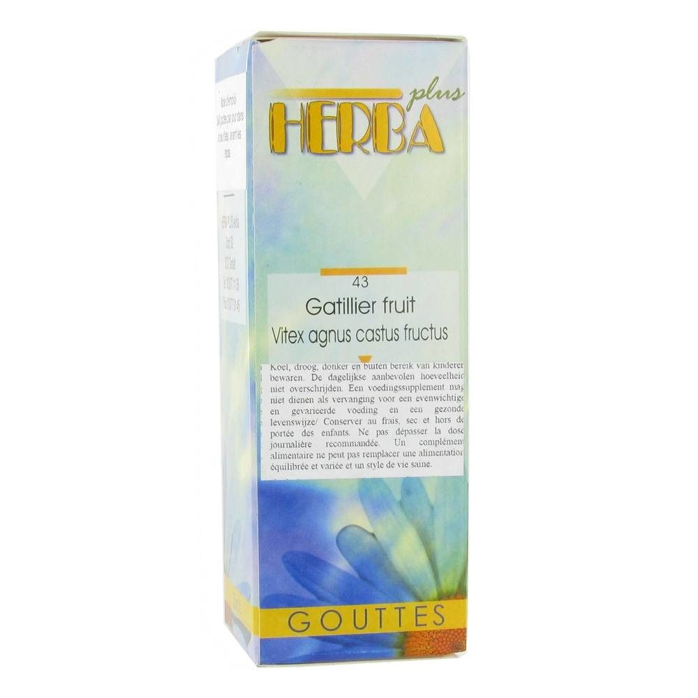 Kartonnen verpakking met Herba Plus. Tekst: Gatillier fruit, Vitex agnus castus fructus. Gele en blauwe tinten.