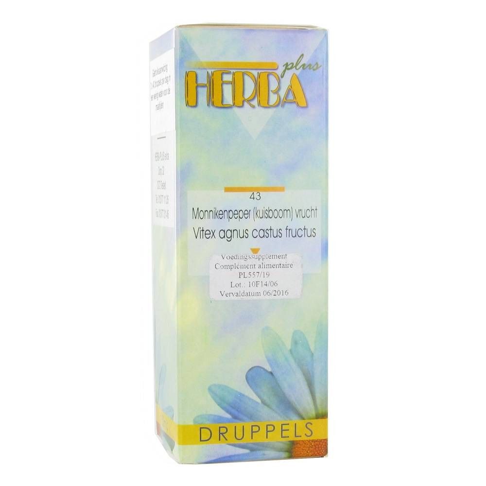 Kartonnen verpakking met Herba Plus. Tekst: Monnikspeper (kuisboom) vrucht, Vitex agnus castus fructus. Geel en blauw.