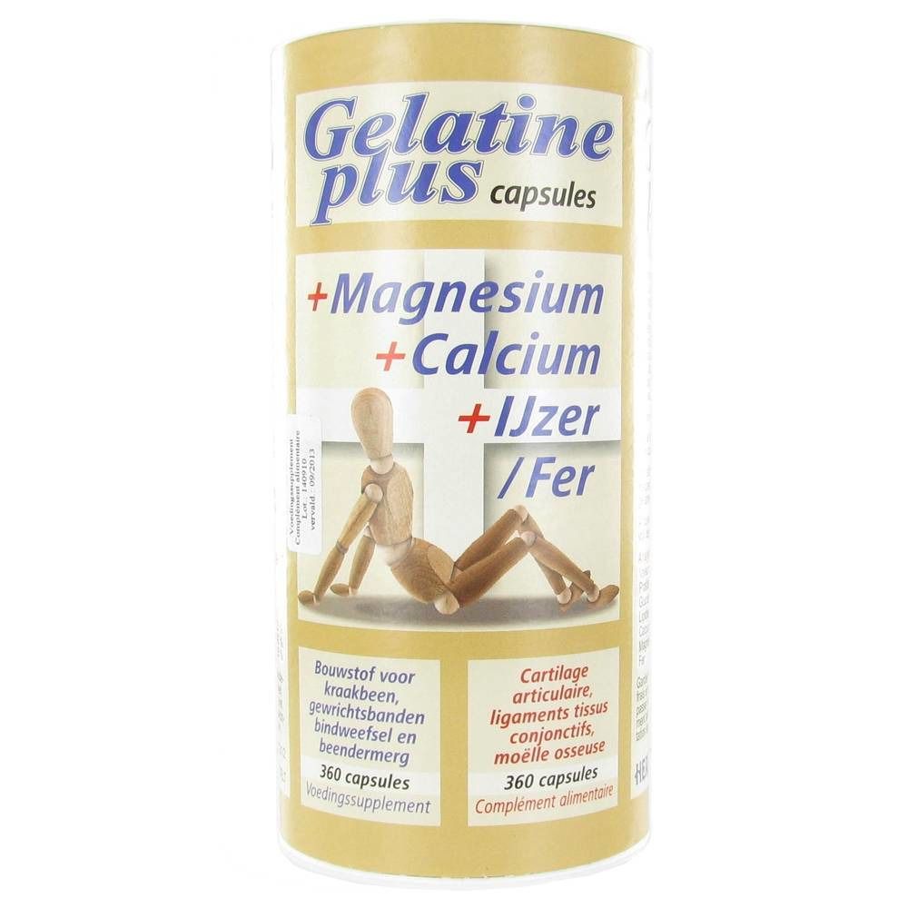 Boîte cylindrique avec Gelatine Plus, magnésium, calcium, fer. Contient 360 capsules. Illustration d'un mannequin en bois.