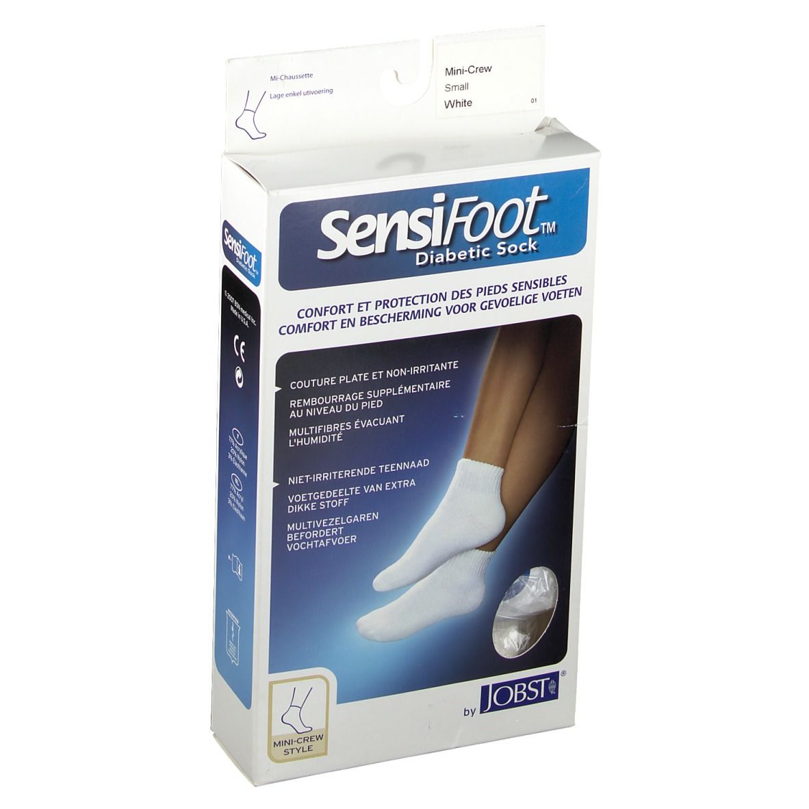 Verpakking van SensiFoot Diabetische Socke. Witte sokken op de verpakking. Tekst: Mini-Crew, SensiFoot, Jobst.