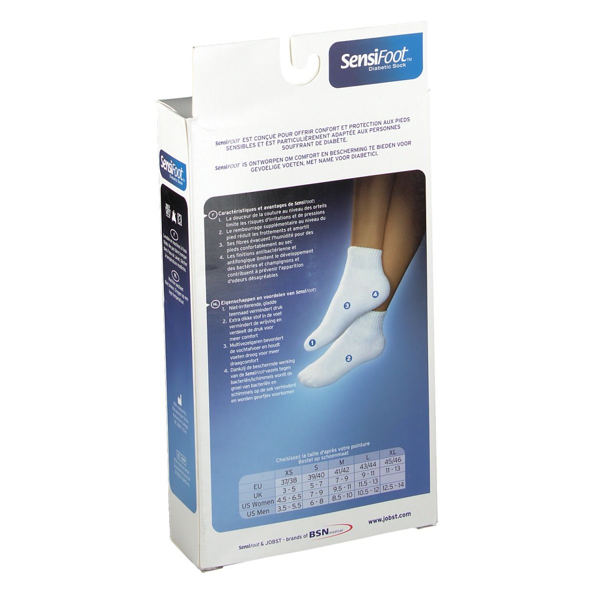 Achterkant van de SensiFoot Diabetische Socke verpakking. Witte sokken afgebeeld. Tekst: SensiFoot, maattabel, Jobst.