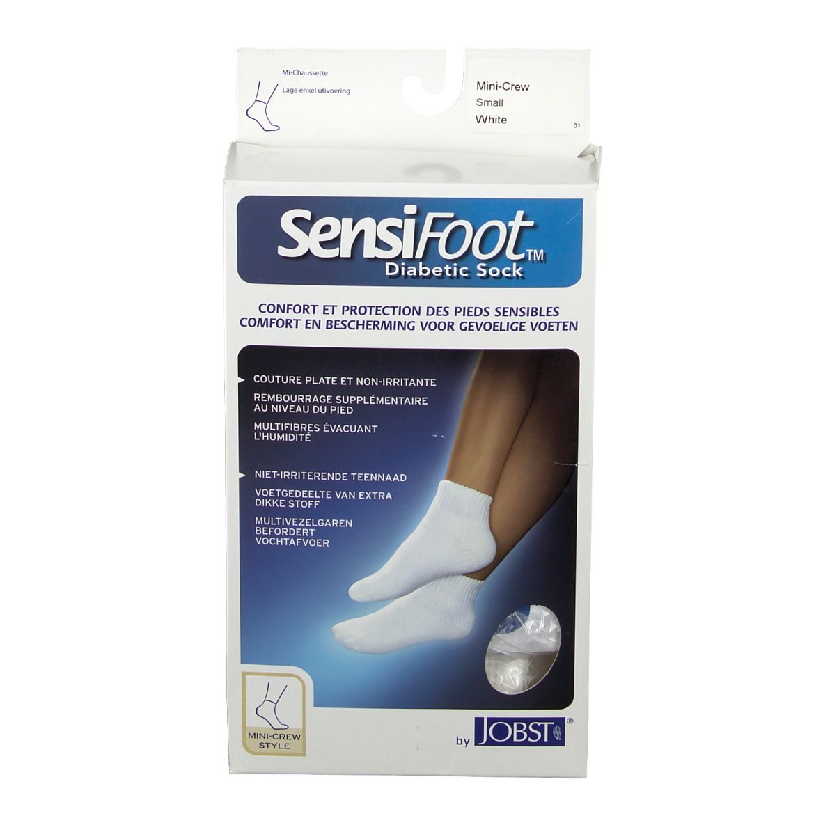 Vooraanzicht van de SensiFoot Diabetische Socke verpakking. Witte sokken afgebeeld. Tekst: Mini-Crew, SensiFoot, Jobst.