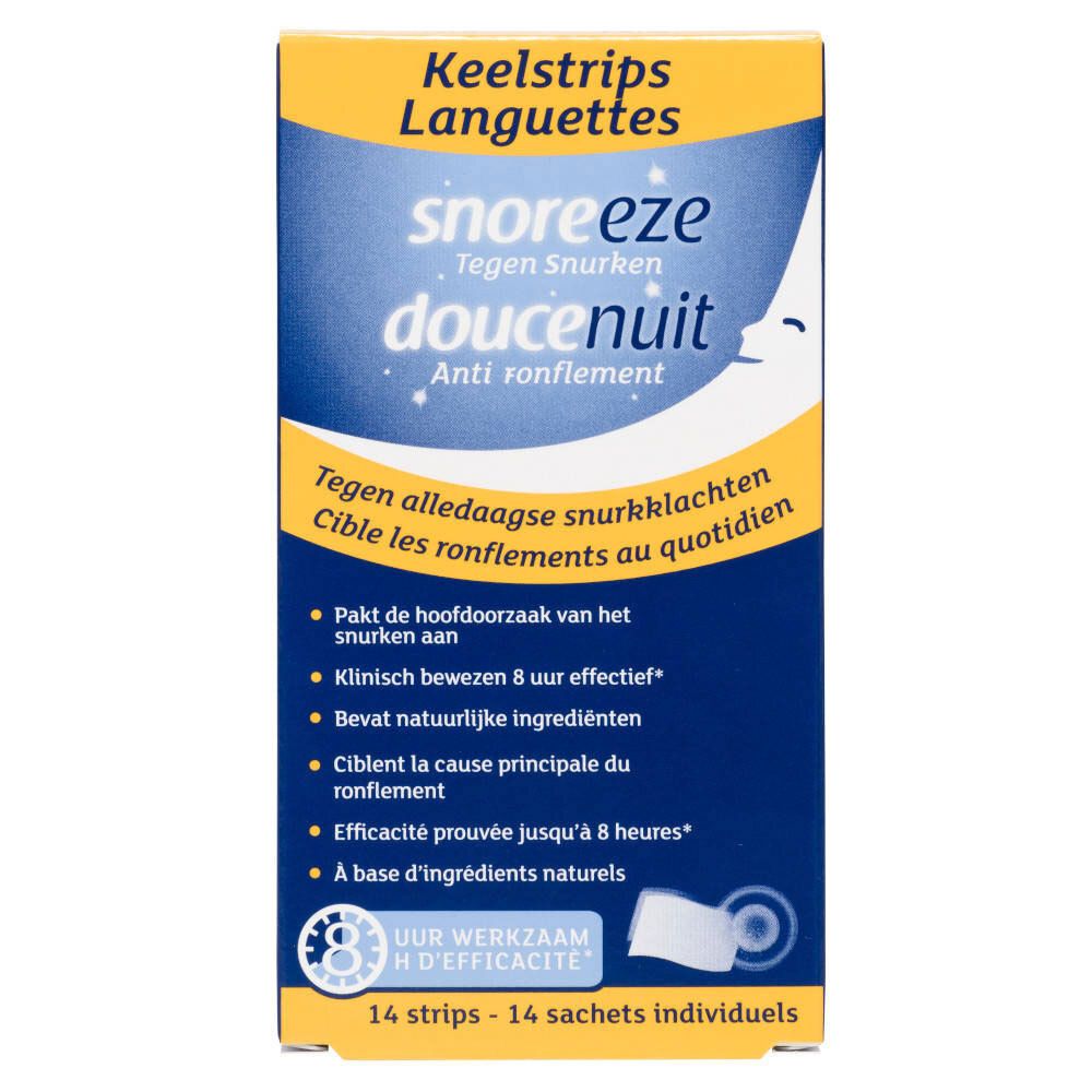 Boîte de Snoreeze Doucenuit Languettes. Emballage bleu et jaune avec nom et informations. 14 bandelettes.