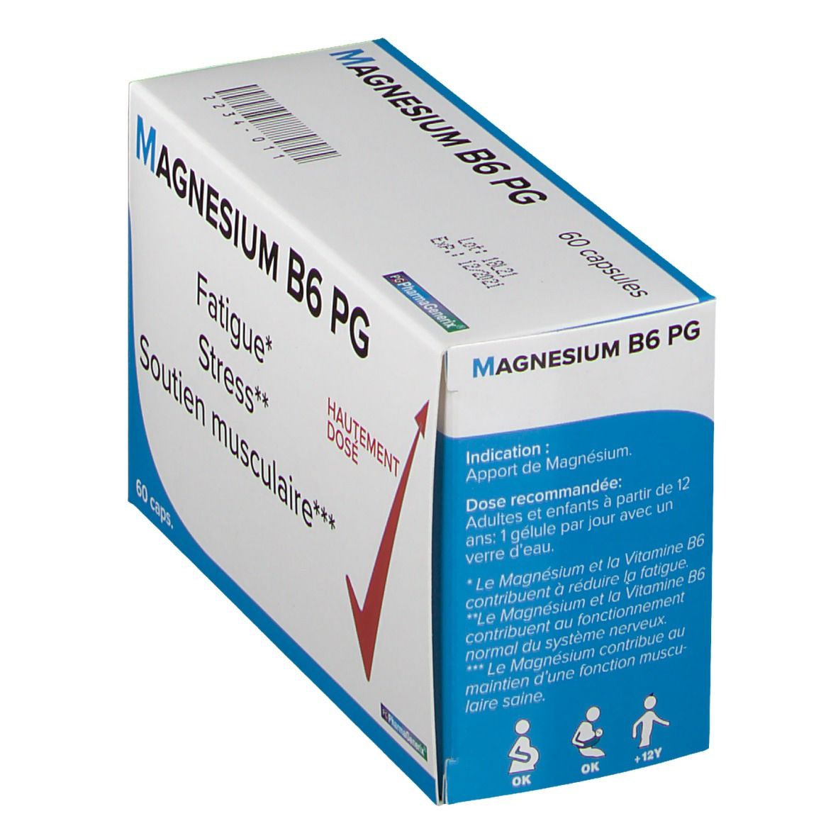 Boîte "MAGNESIUM B6 PG" avec 60 capsules. Inscriptions: Fatigue, Stress, Soutien musculaire. Flèche rouge. Indications.
