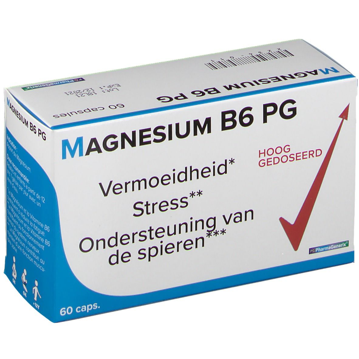 Boîte "MAGNESIUM B6 PG" avec 60 capsules. Inscriptions: Fatigue, Stress, Soutien musculaire. Flèche rouge.