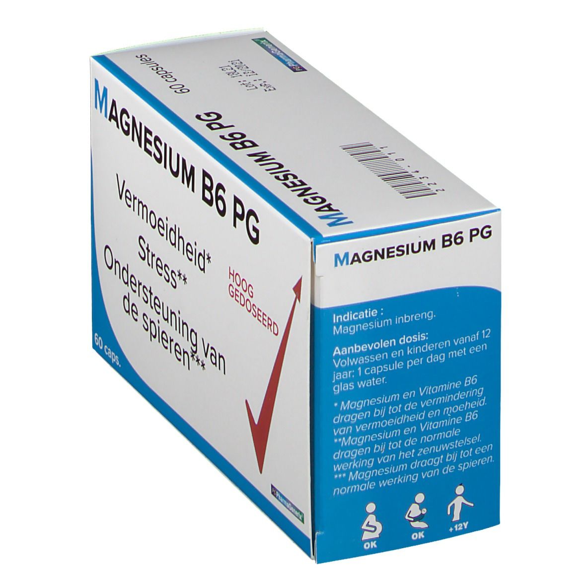 Boîte "MAGNESIUM B6 PG" avec 60 capsules. Inscriptions: Fatigue, Stress, Soutien musculaire. Flèche rouge. Dosage.