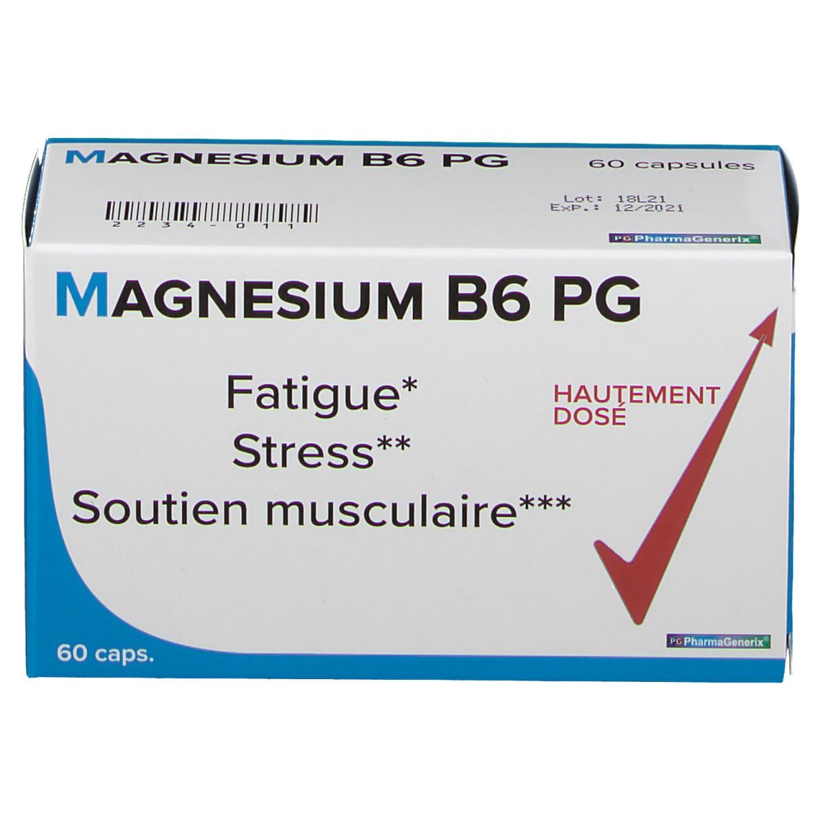 Boîte "MAGNESIUM B6 PG" avec 60 capsules. Inscriptions: Fatigue, Stress, Soutien musculaire. Flèche rouge.