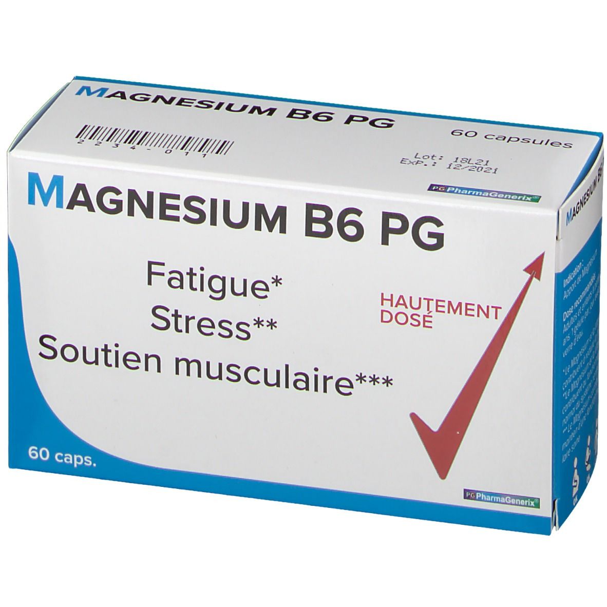 Boîte "MAGNESIUM B6 PG" avec 60 capsules. Inscriptions: Fatigue, Stress, Soutien musculaire. Flèche rouge.
