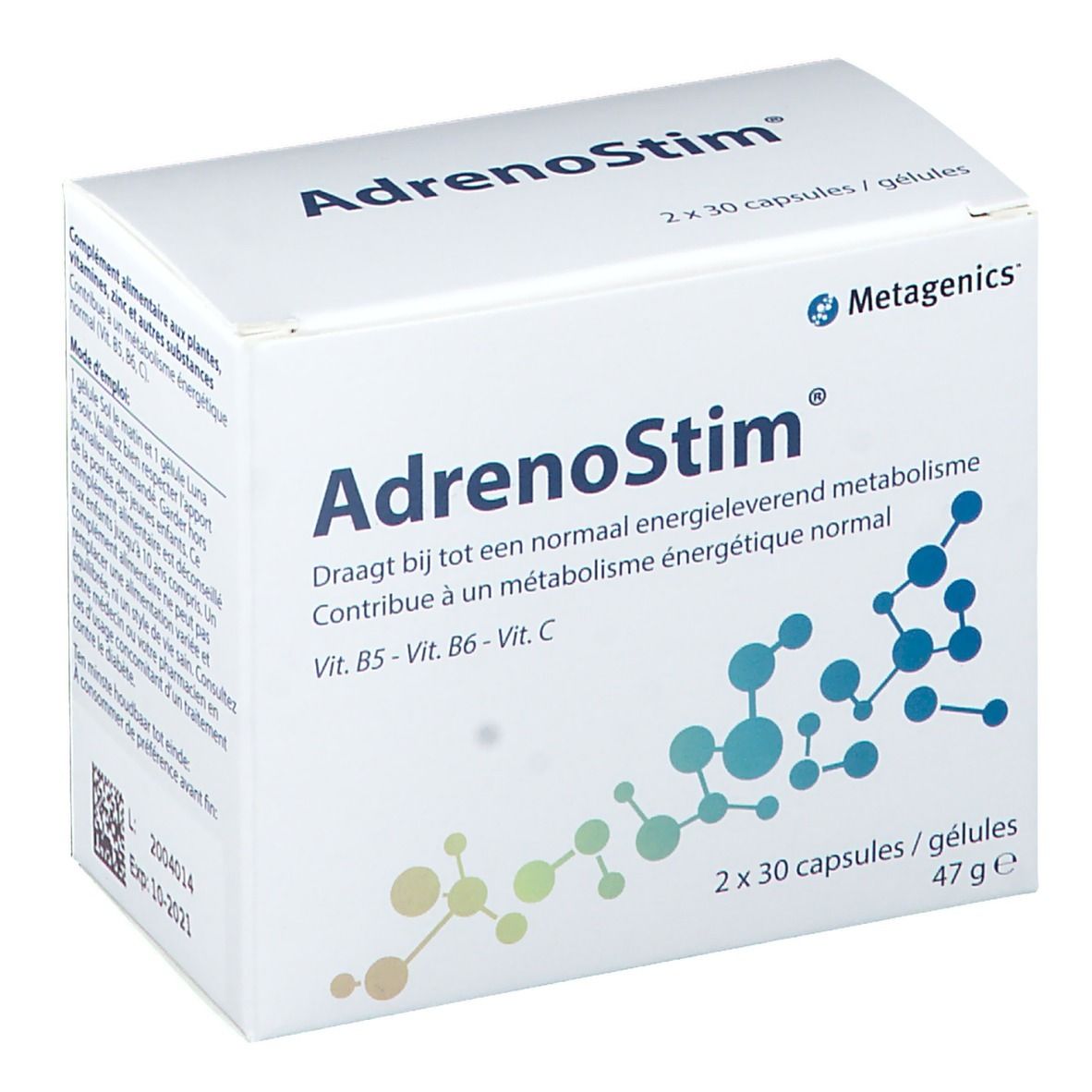 Boîte blanche AdrenoStim. Contient 2x30 gélules. Logo Metagenics. Contient vitamines B5, B6, C. 47g.